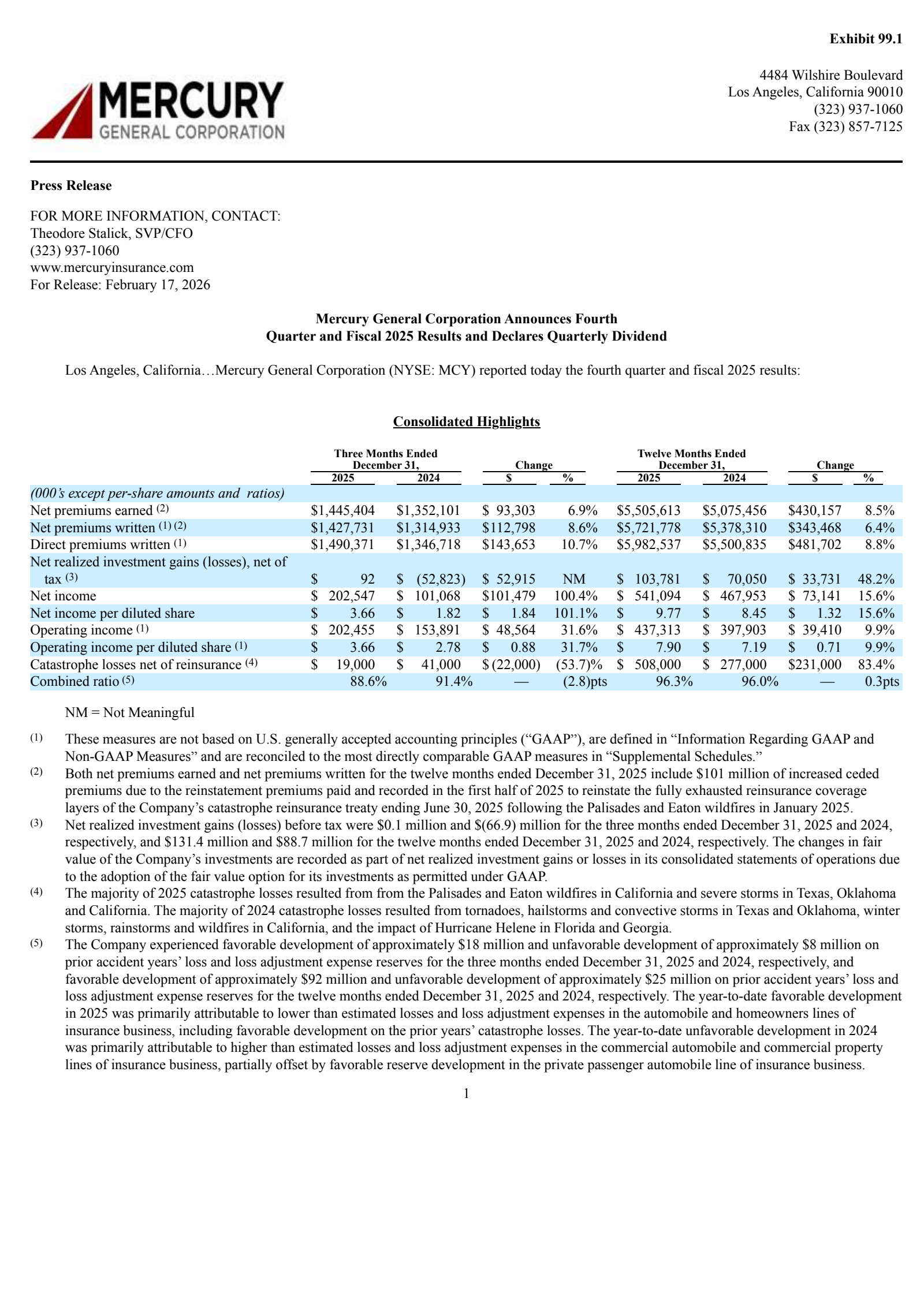 Mercury General's Q4 2025 Press Release