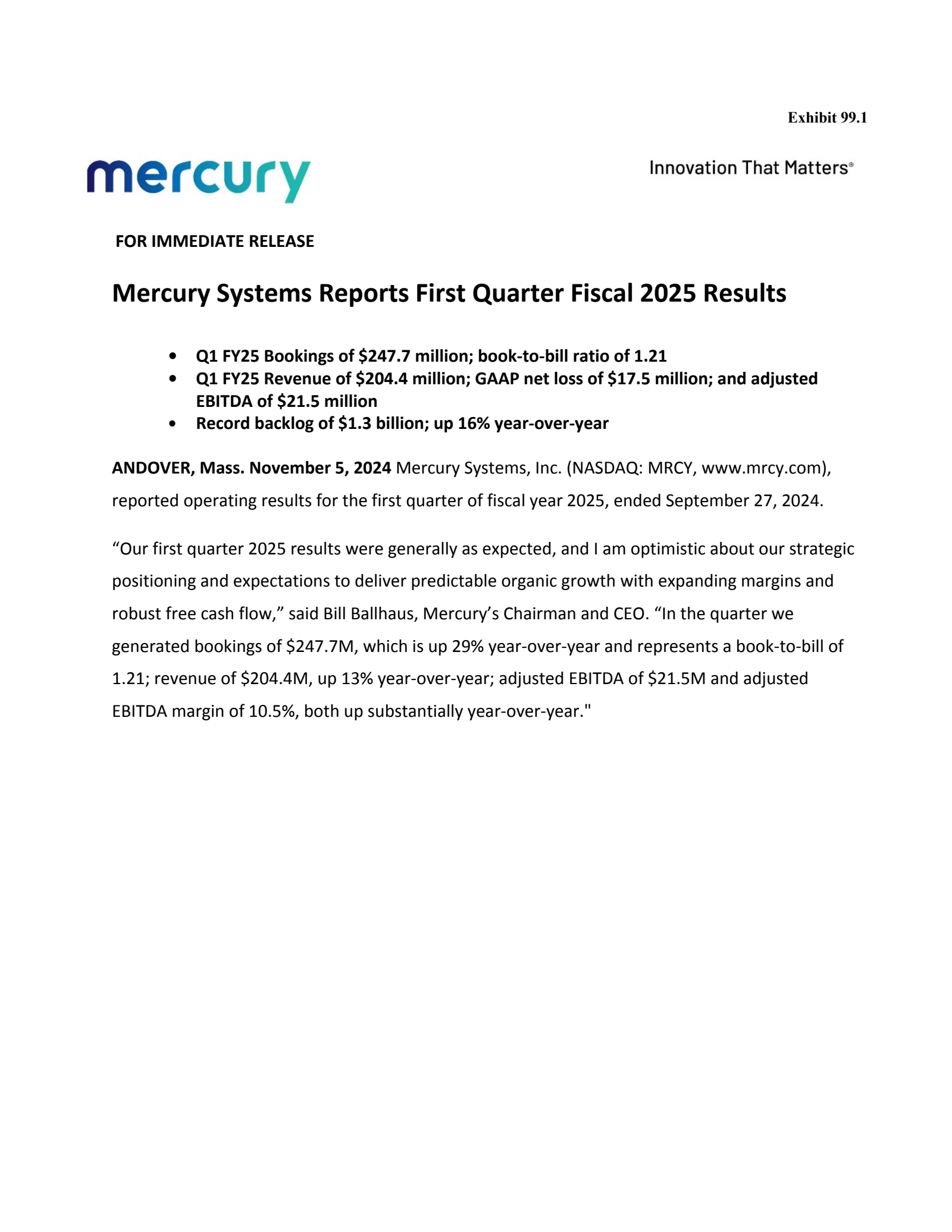Mercury Systems' Q1 2025 Press Release