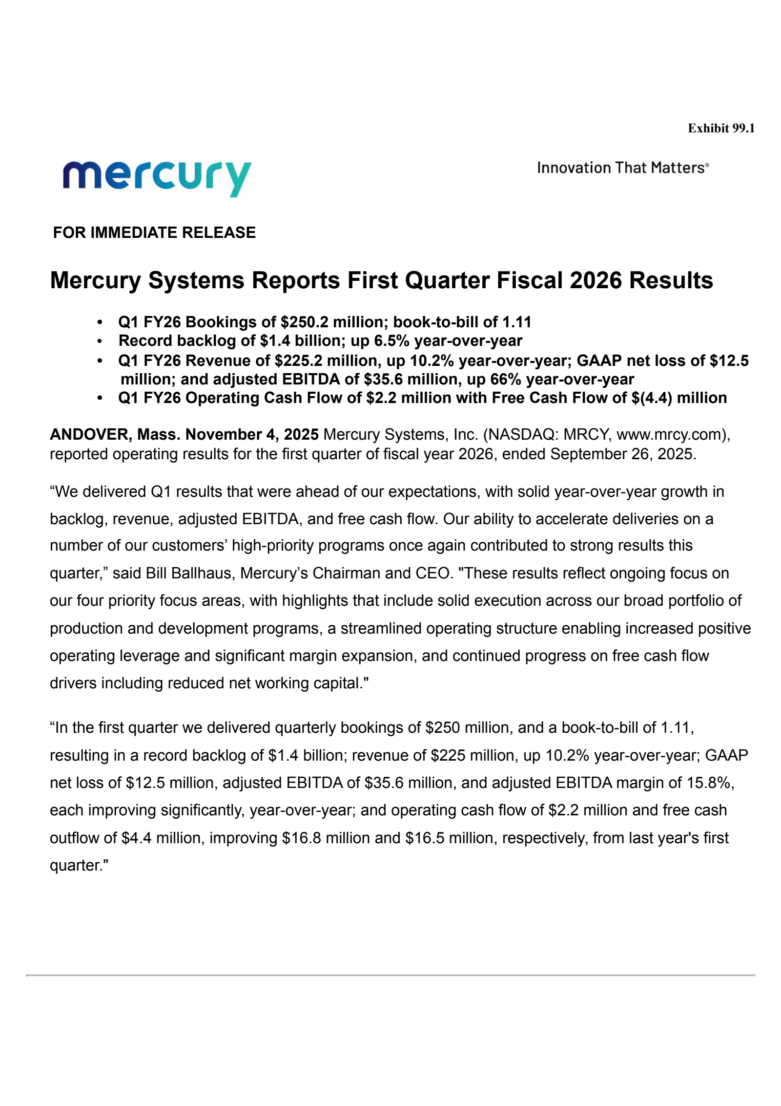 Mercury Systems' Q1 2026 Earnings Release