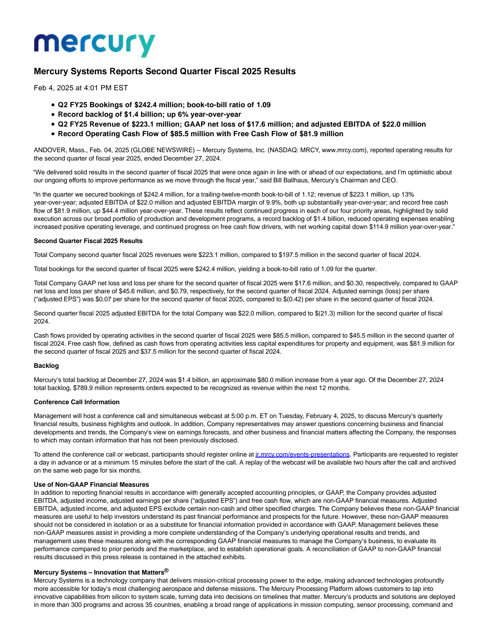 Mercury Systems' Q2 2025 Press Release
