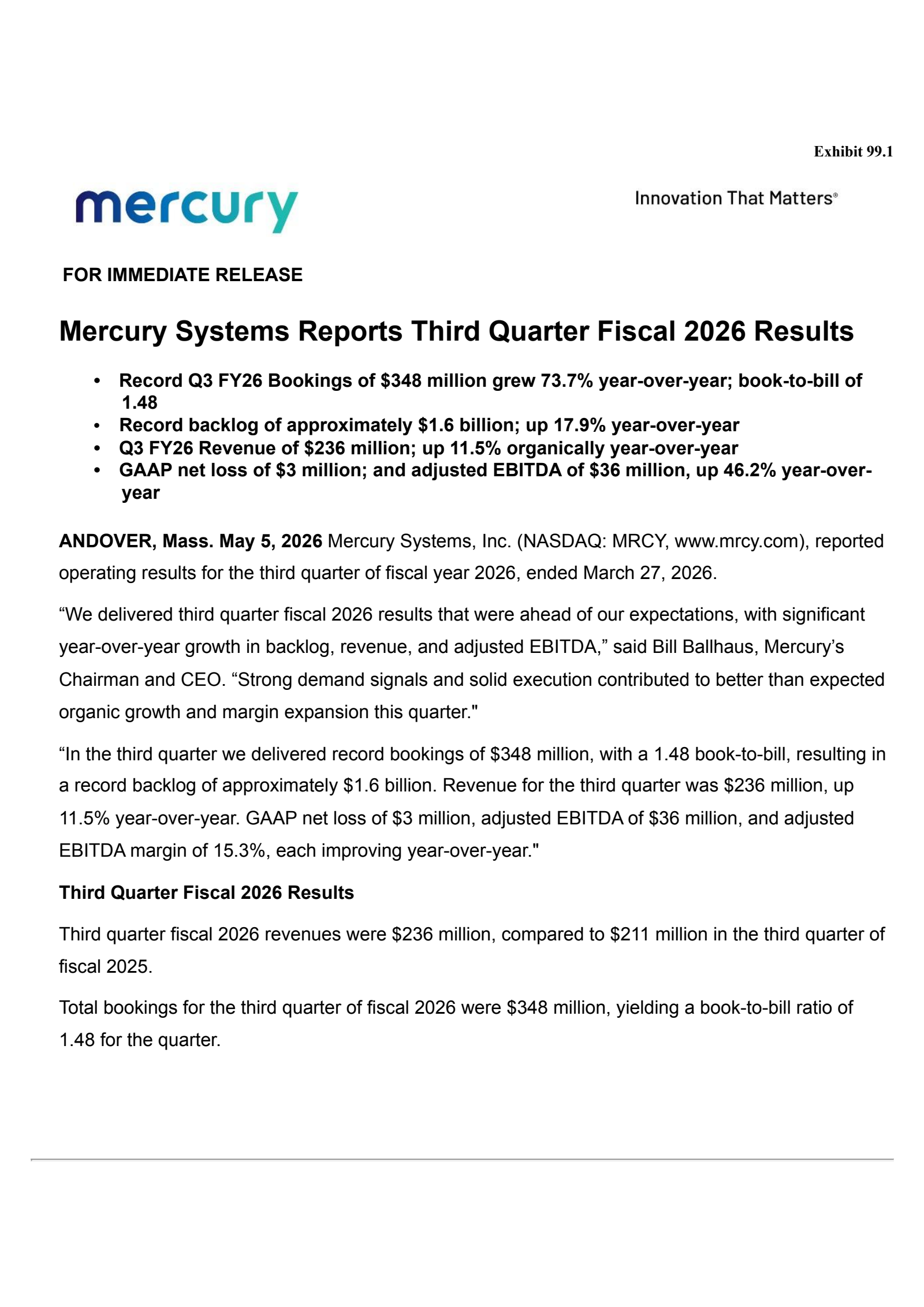Mercury Systems' Q3 2026 Press Release