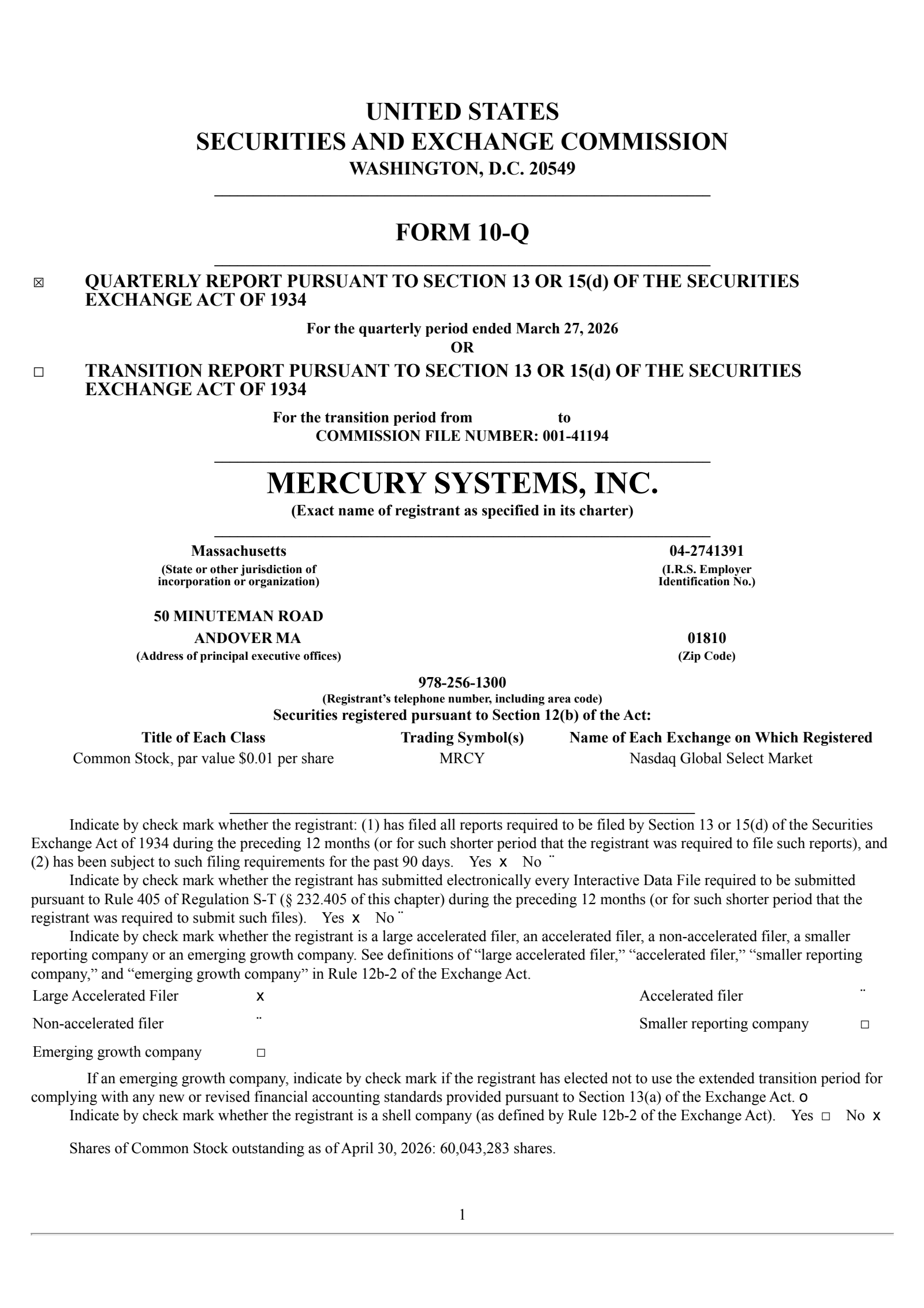 Mercury Systems' Q3 2026 Quarterly report