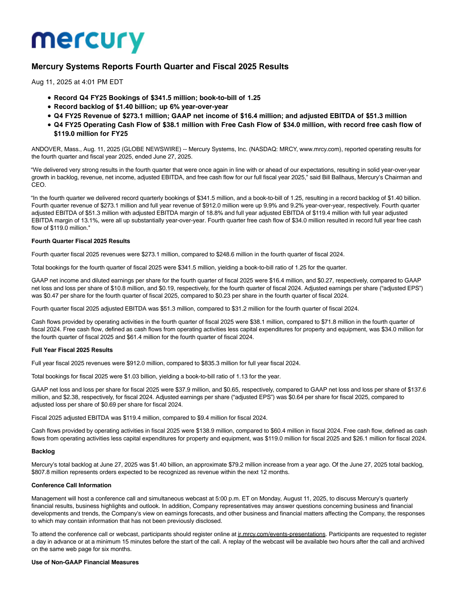 Mercury Systems' Q4 2025 Press Release