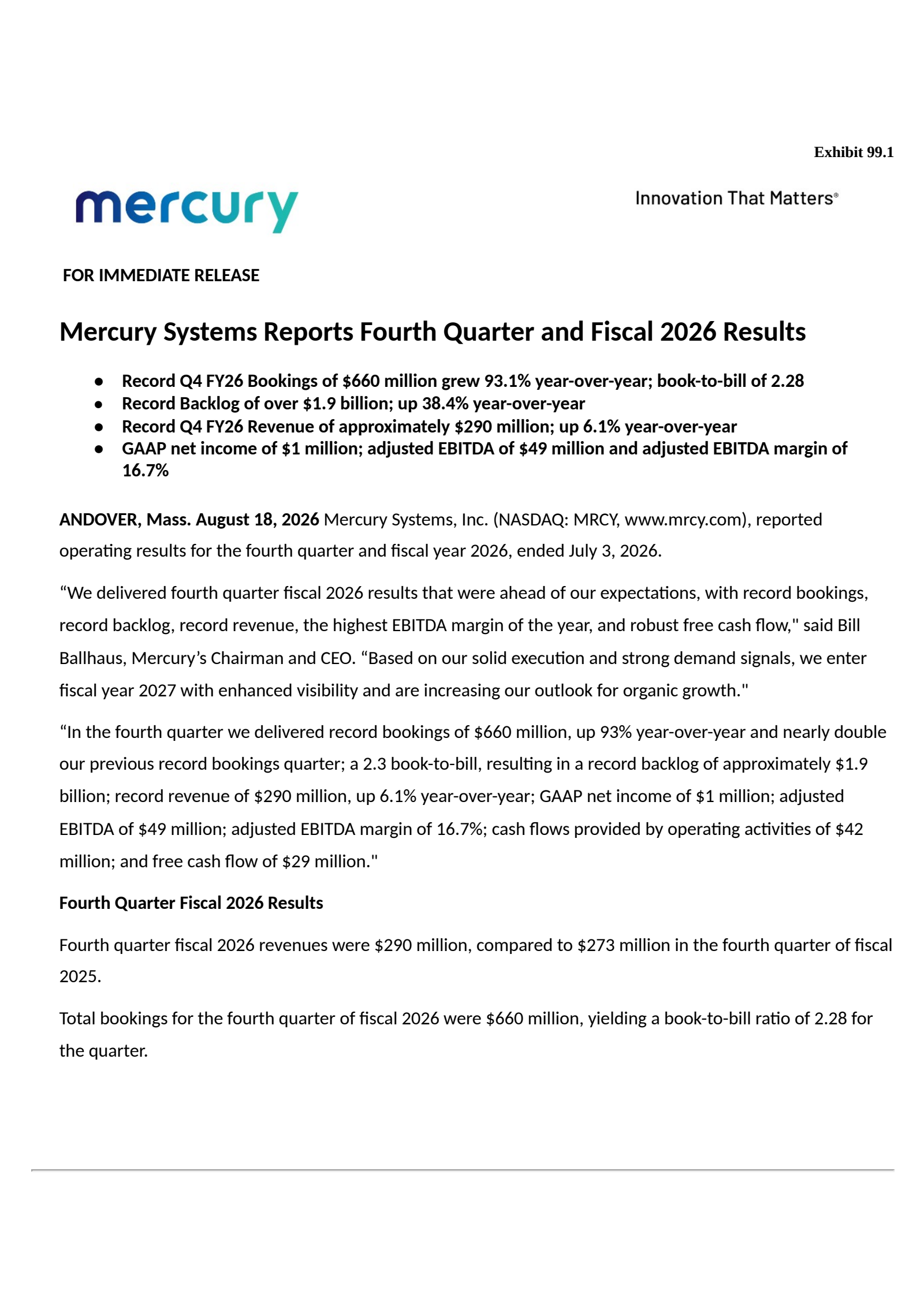 Mercury Systems' Q4 2026 Press Release