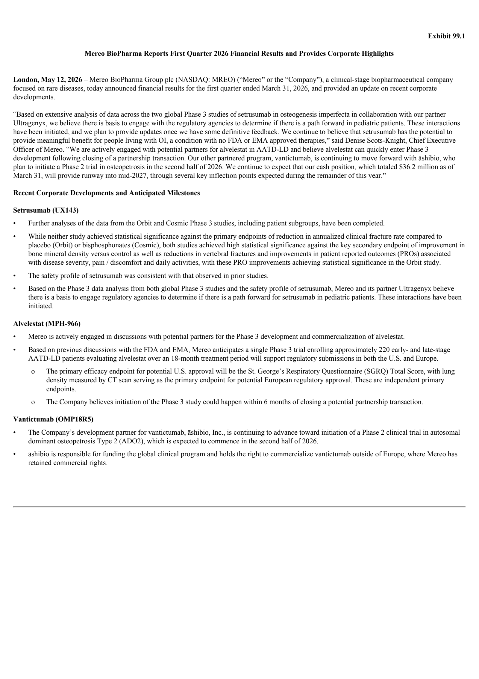 Mereo BioPharma Group's Q1 2026 Press Release