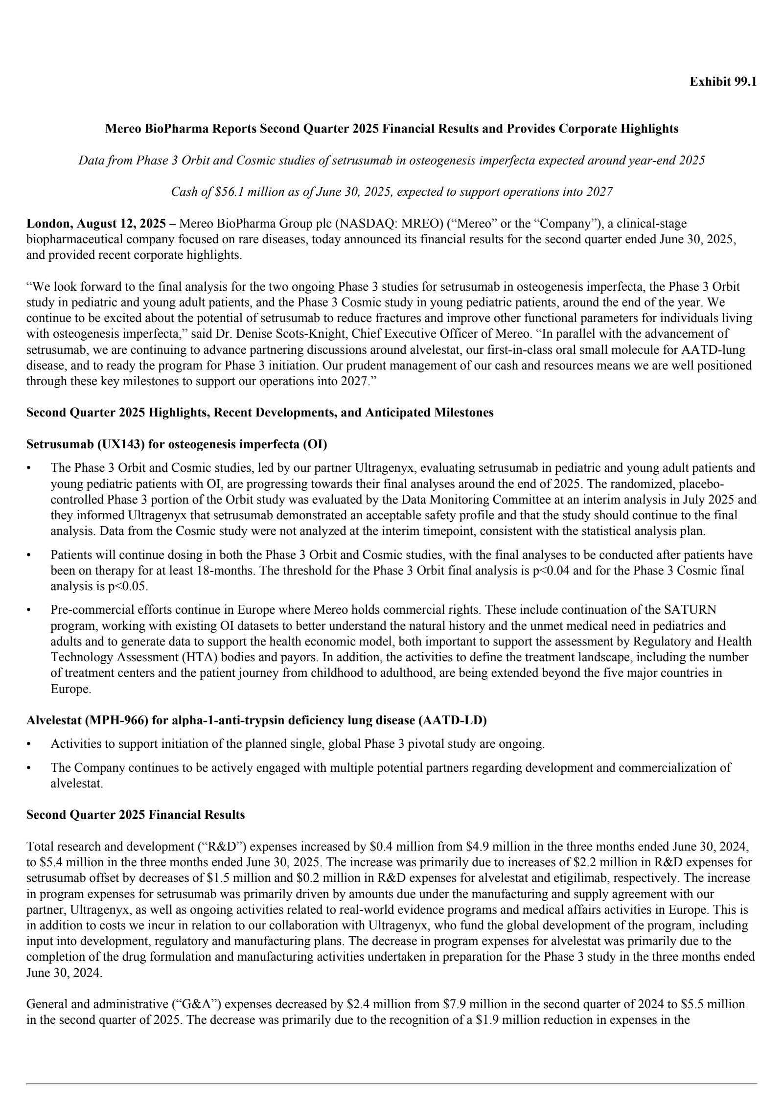 Mereo BioPharma Group's Q2 2025 Press Release
