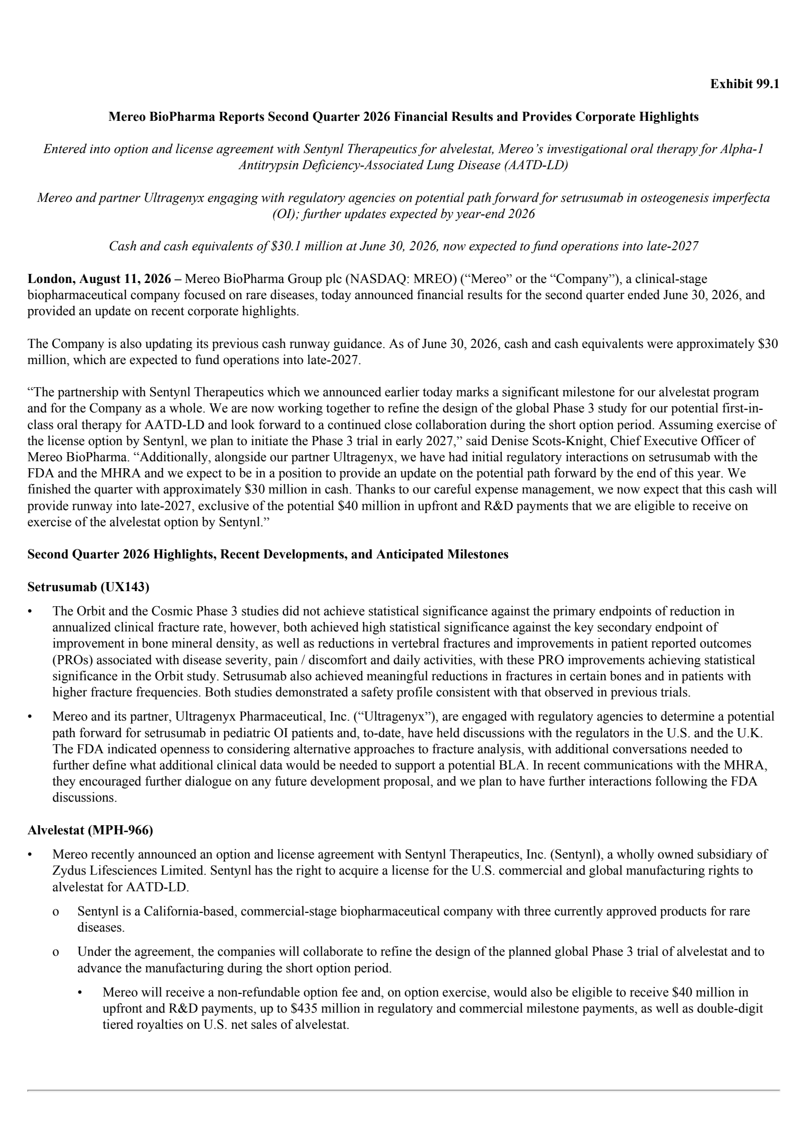 Mereo BioPharma Group's Q2 2026 Press Release