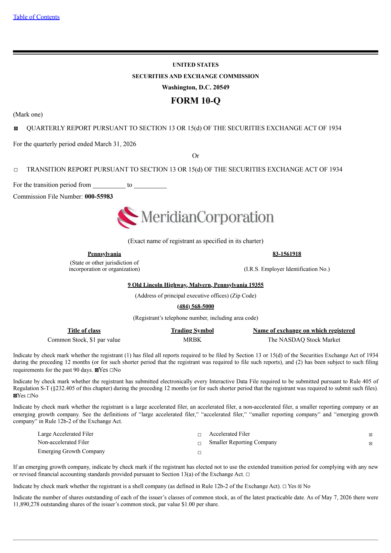 Meridian Bank's Q1 2026 Quarterly report