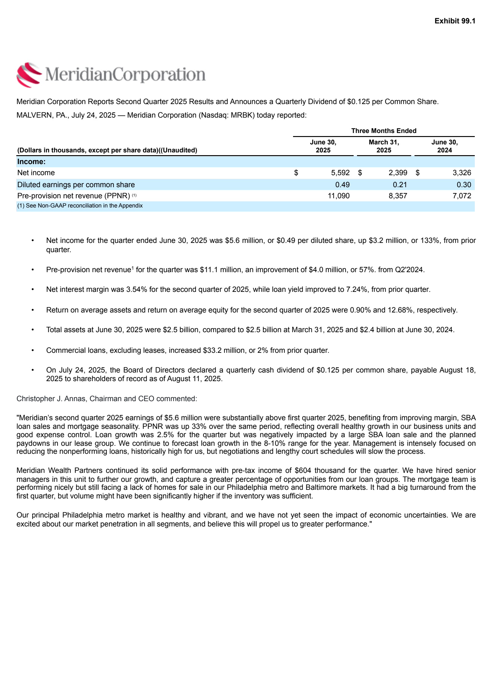 Meridian Bank's Q2 2025 Press Release