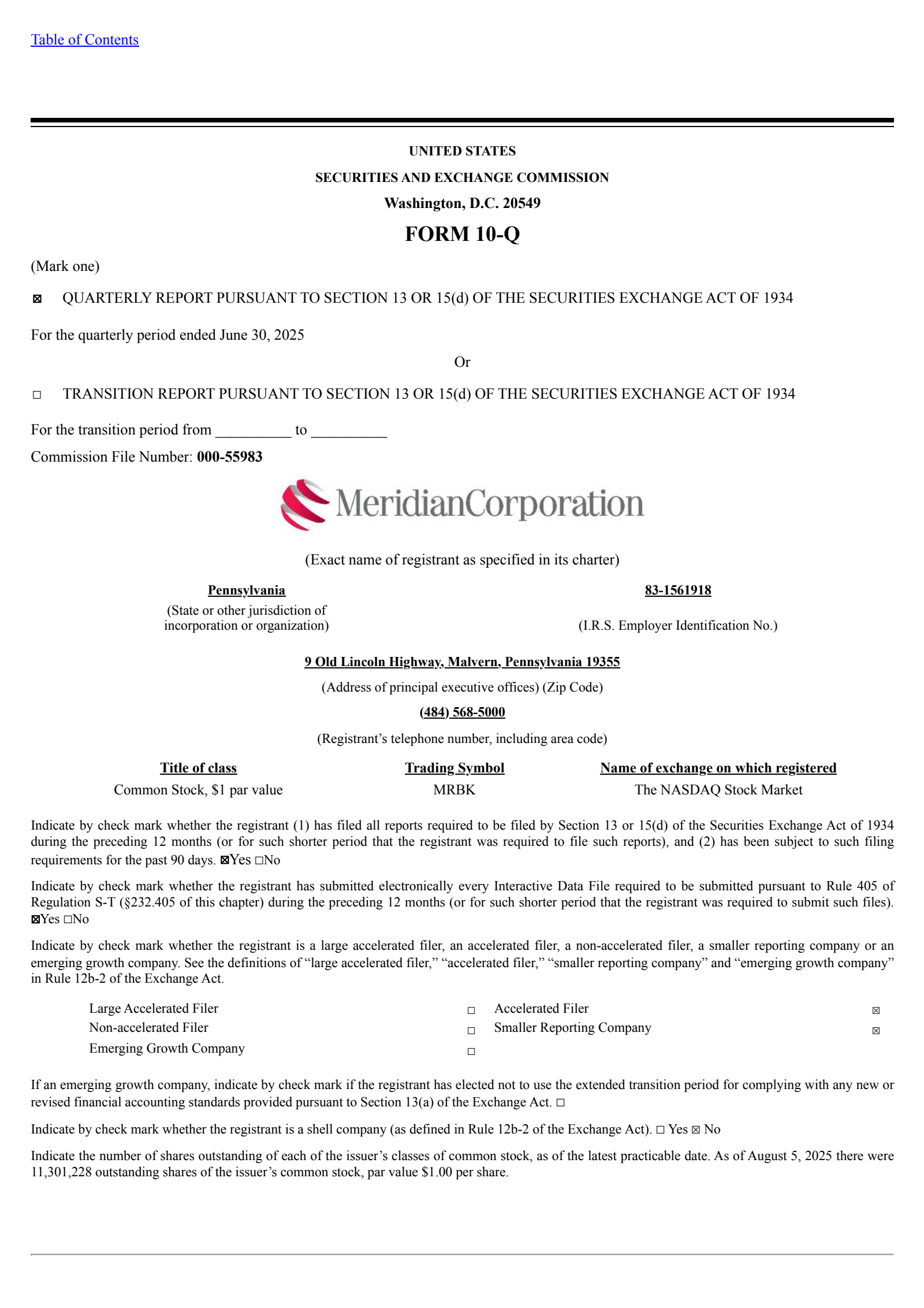 Meridian Bank's Q2 2025 Quarterly report
