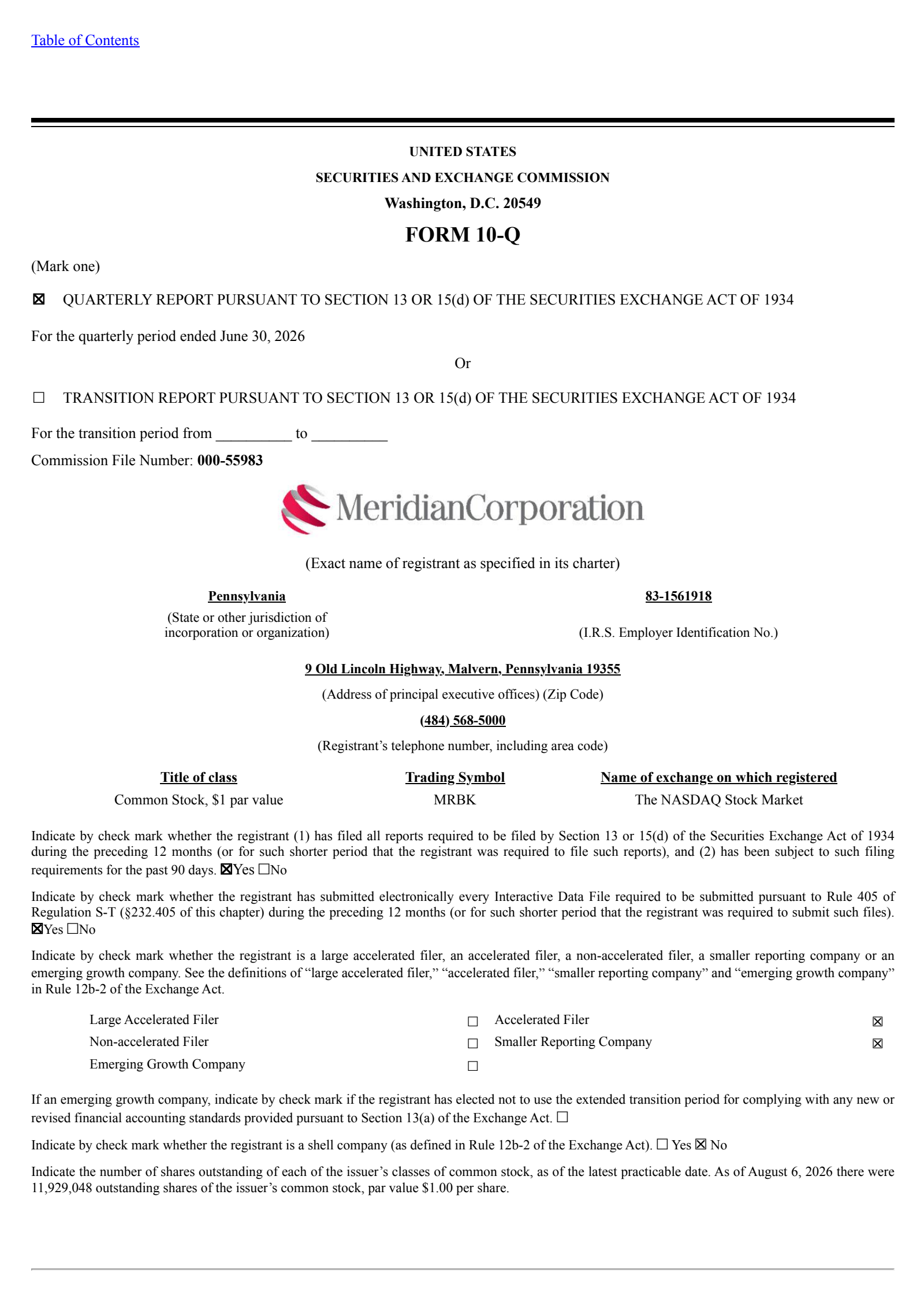 Meridian Bank's Q2 2026 Quarterly report