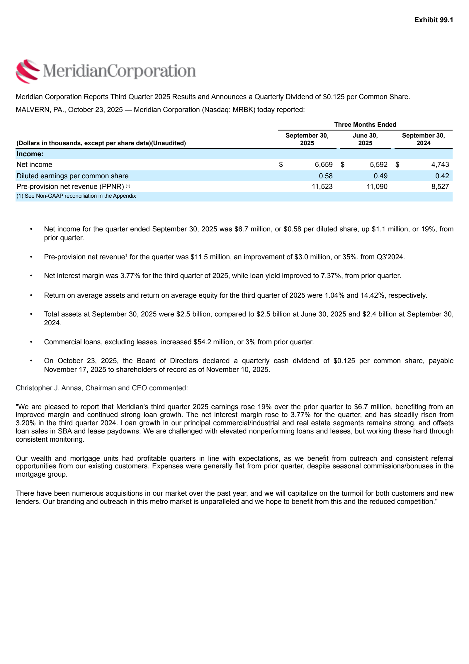 Meridian Bank's Q3 2025 Earnings Release