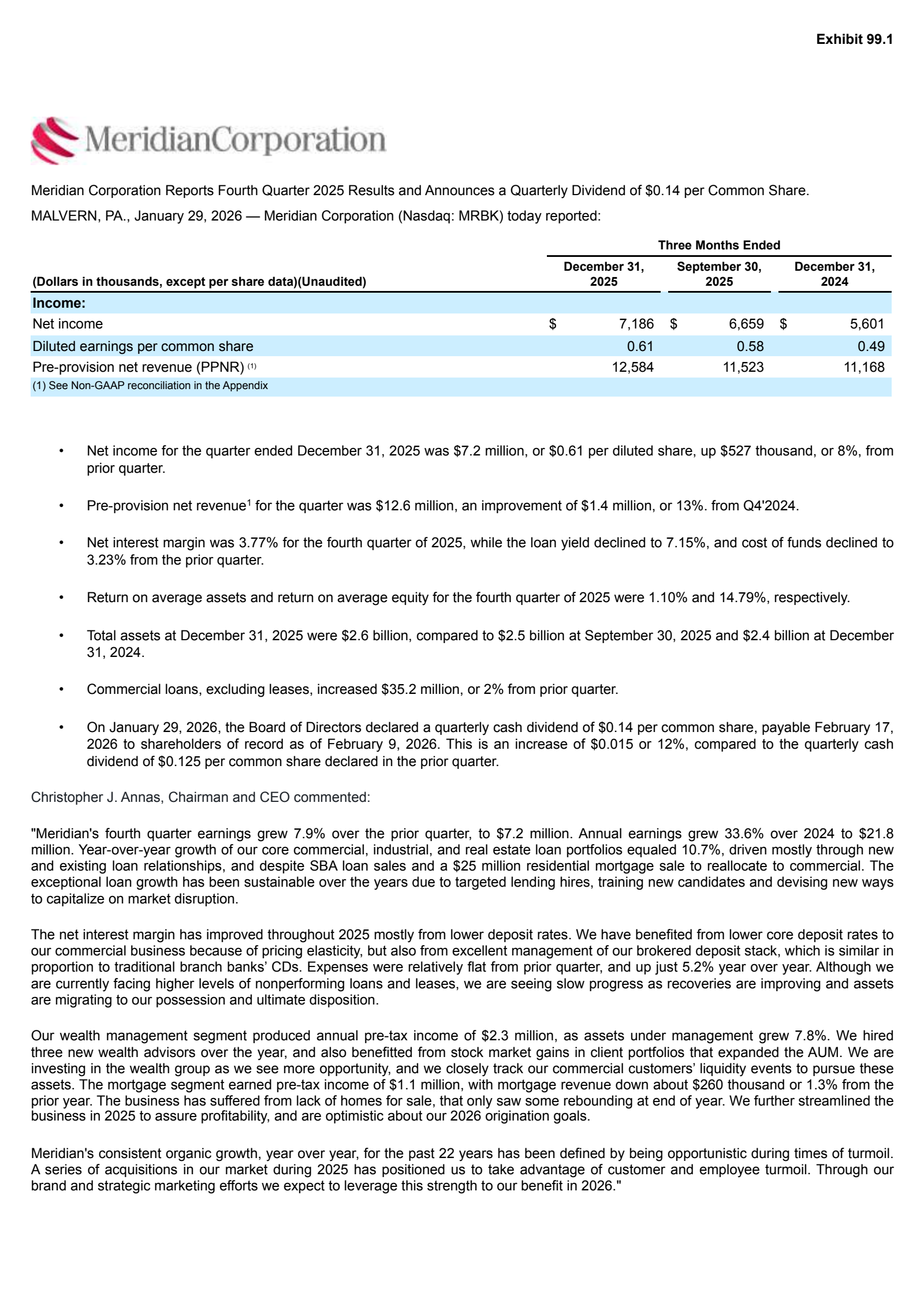 Meridian Bank's Q4 2025 Press Release