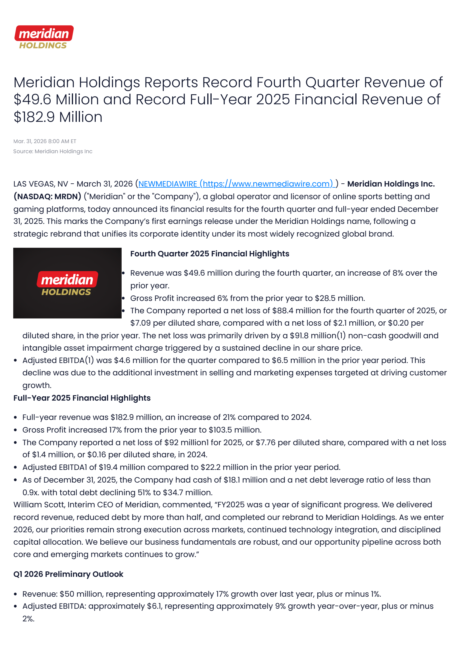 Meridian's Q4 2025 Press Release
