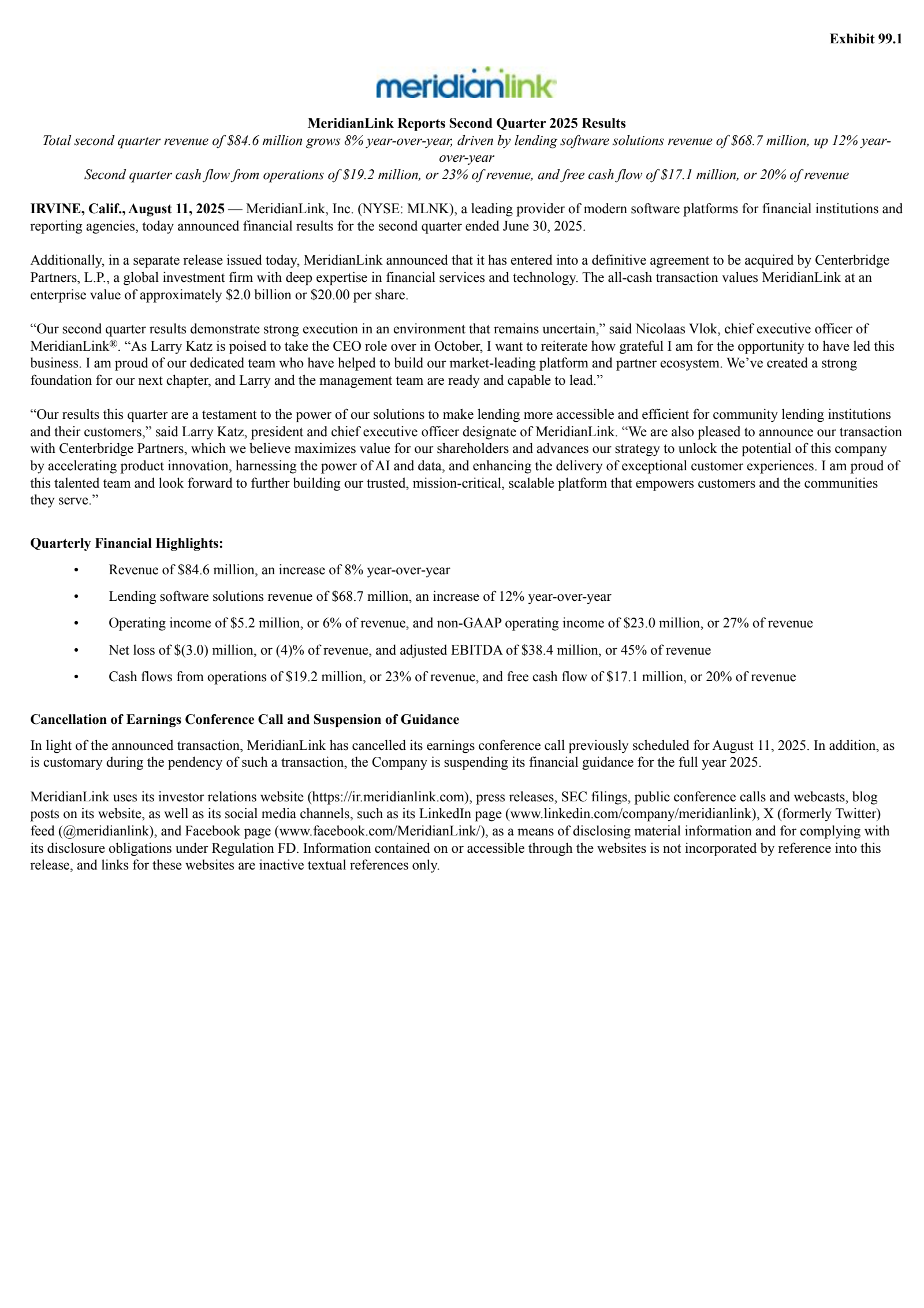 MeridianLink's Q2 2025 Press Release