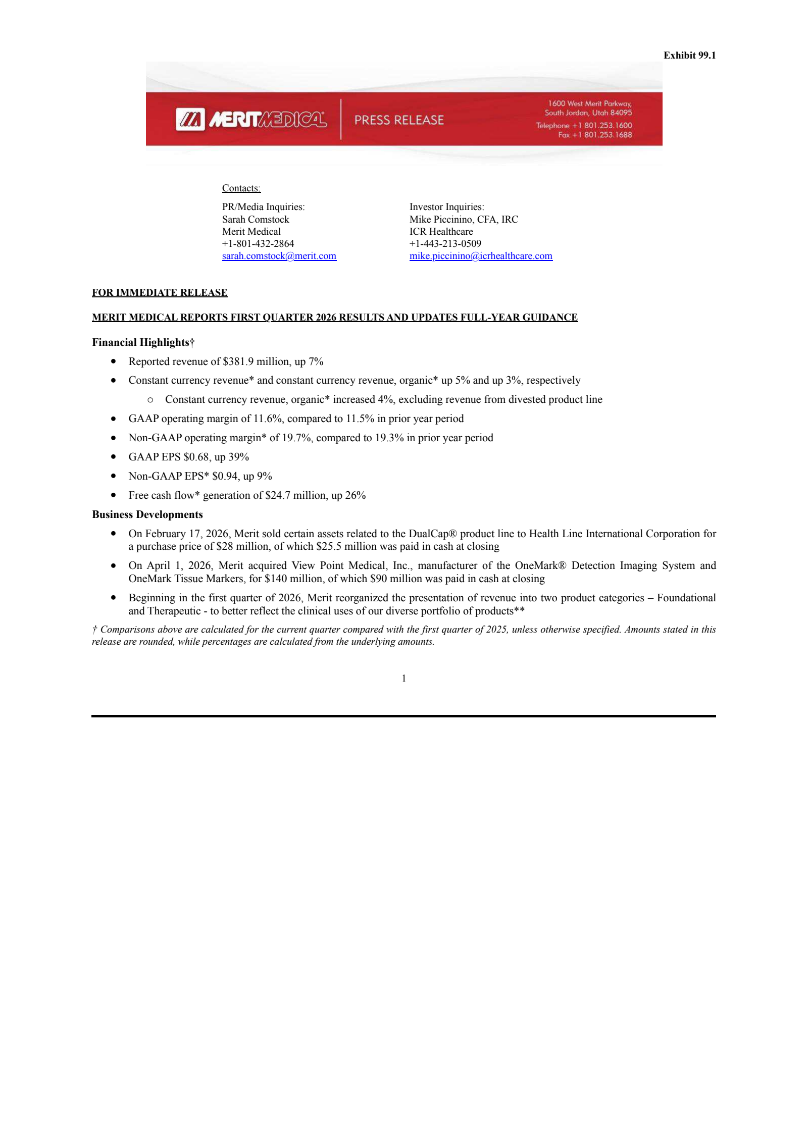 Merit Medical Systems' Q1 2026 Press Release