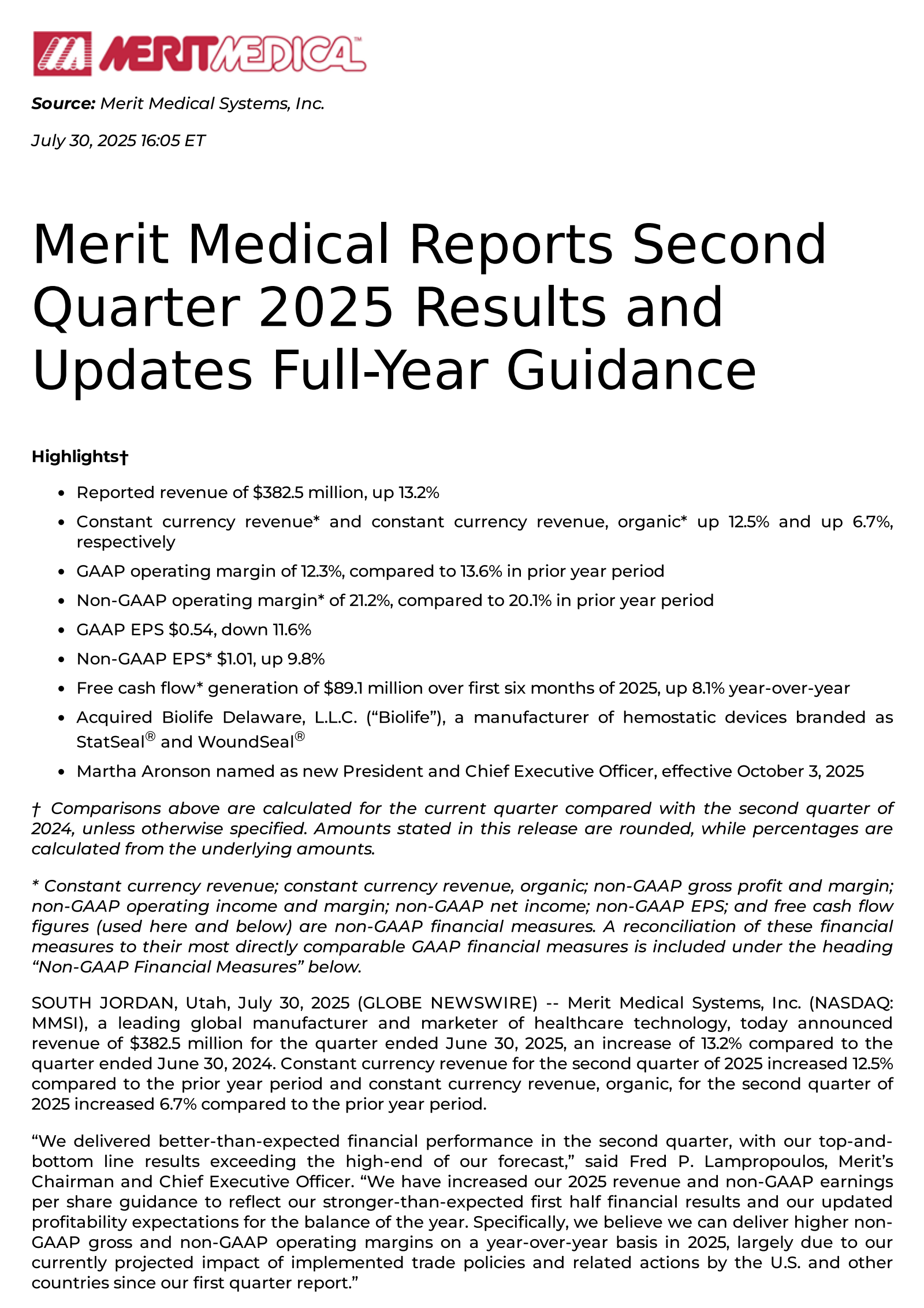 Merit Medical Systems' Q2 2025 Press Release