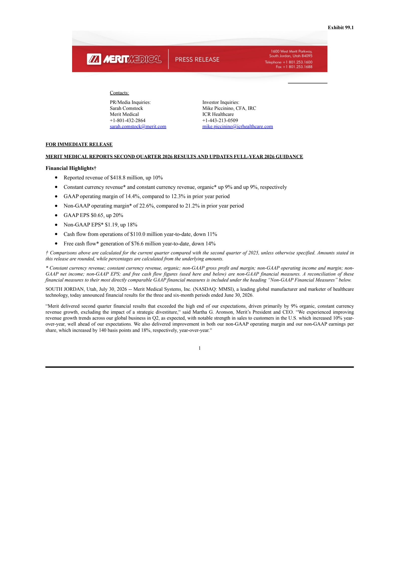 Merit Medical Systems' Q2 2026 Press Release