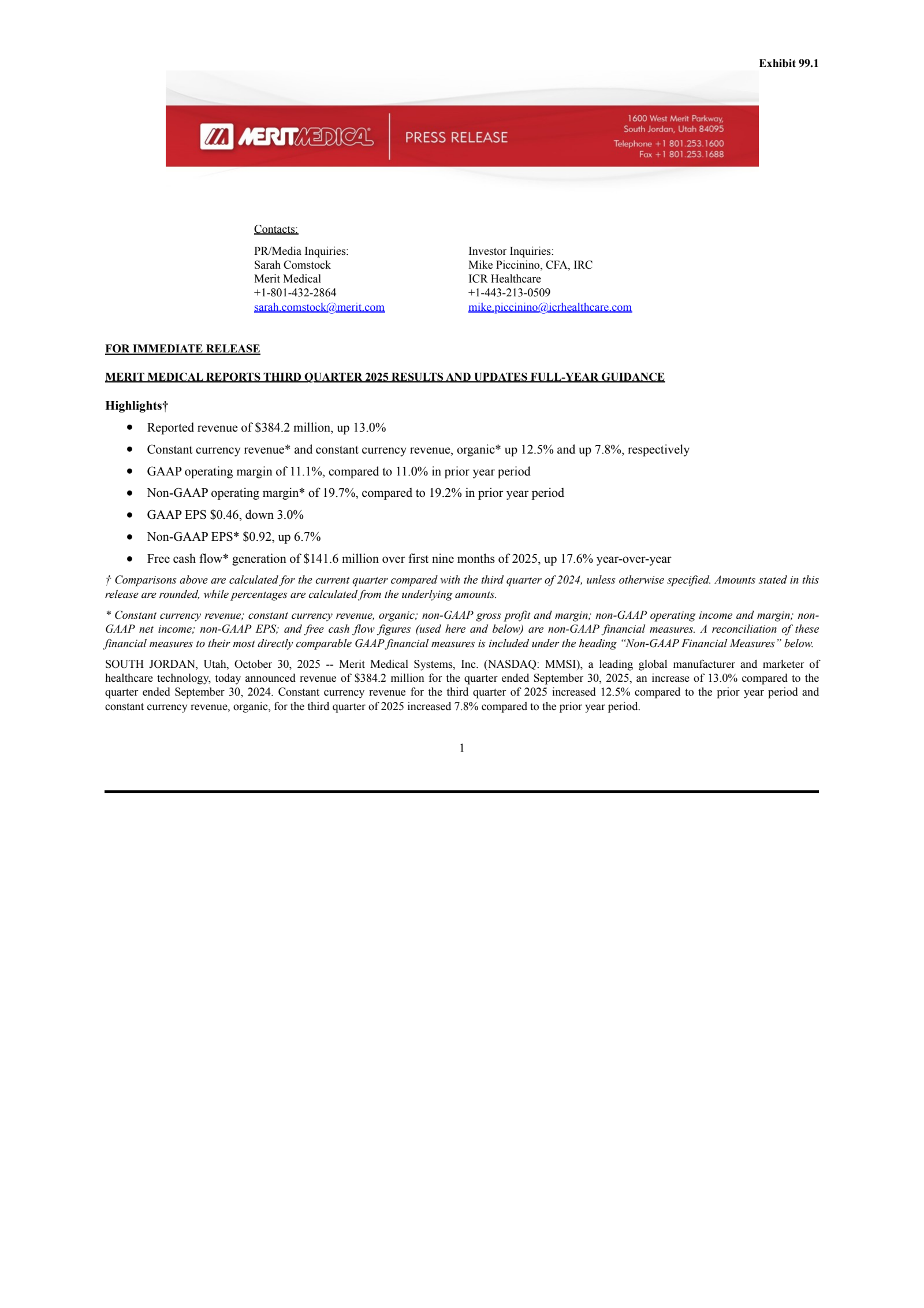 Merit Medical Systems' Q3 2025 Earnings Release