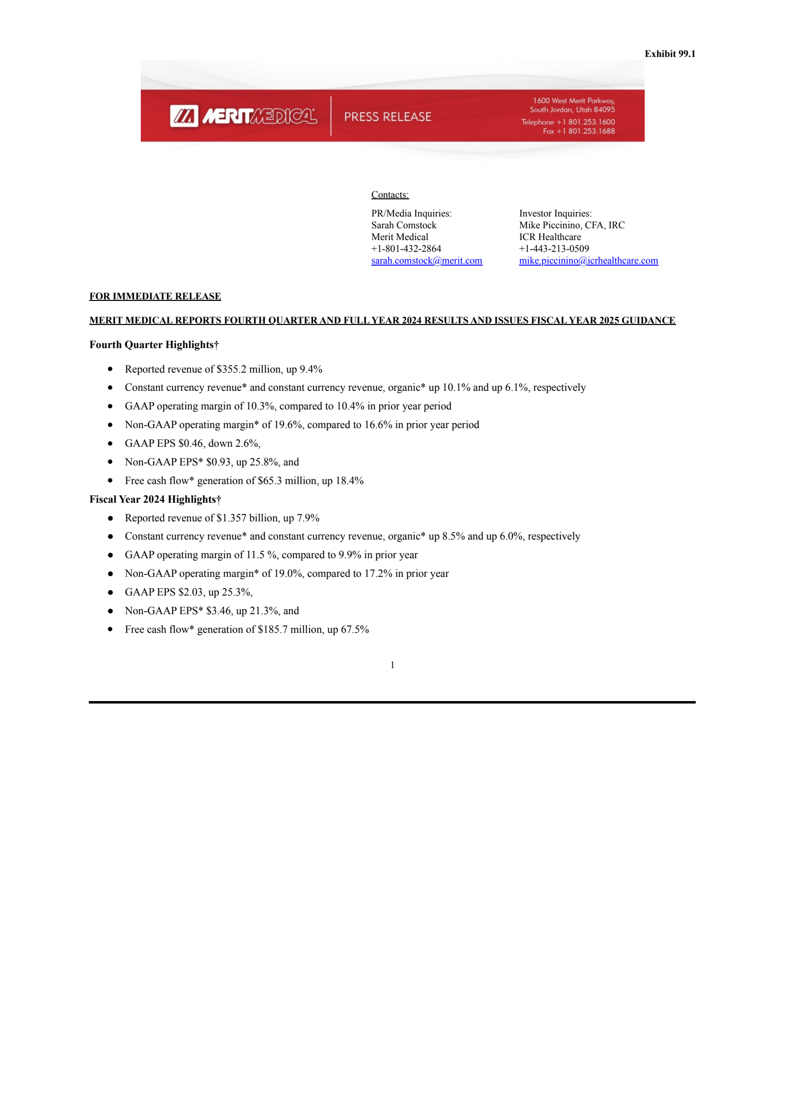 Merit Medical Systems' Q4 2024 Press Release