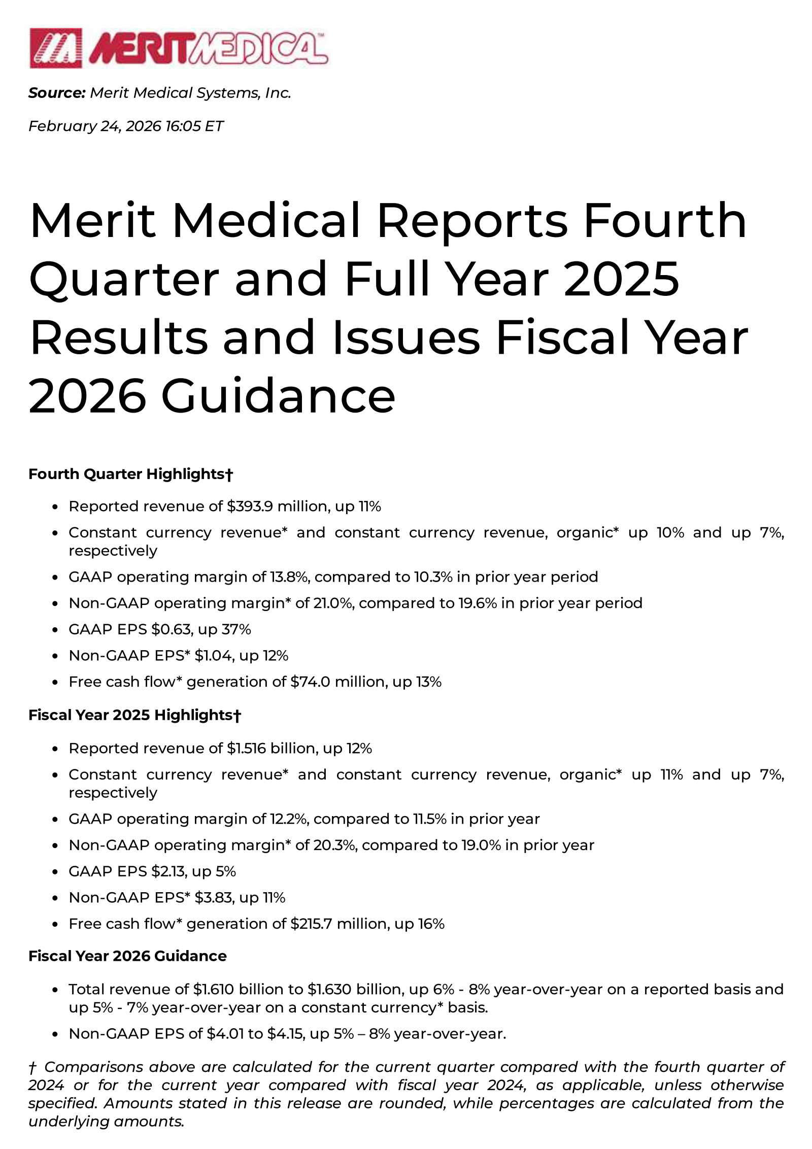 Merit Medical Systems' Q4 2025 Press Release