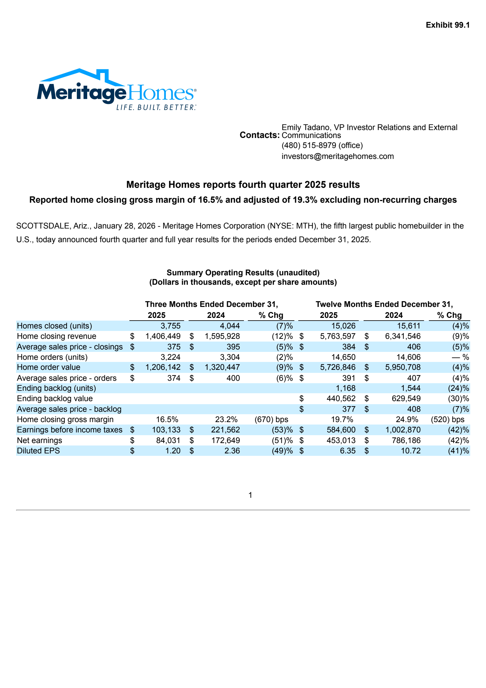 Meritage Homes' Q4 2025 Press Release