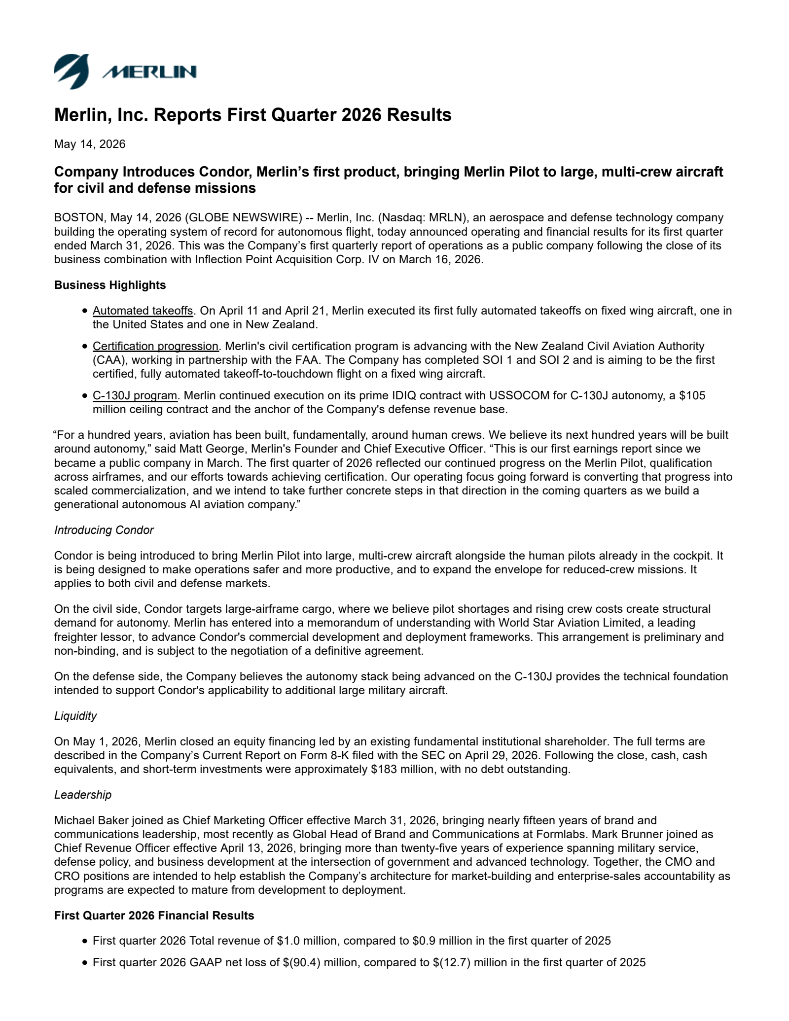 Merlin, Inc. Common Stock's Q1 2026 Press Release