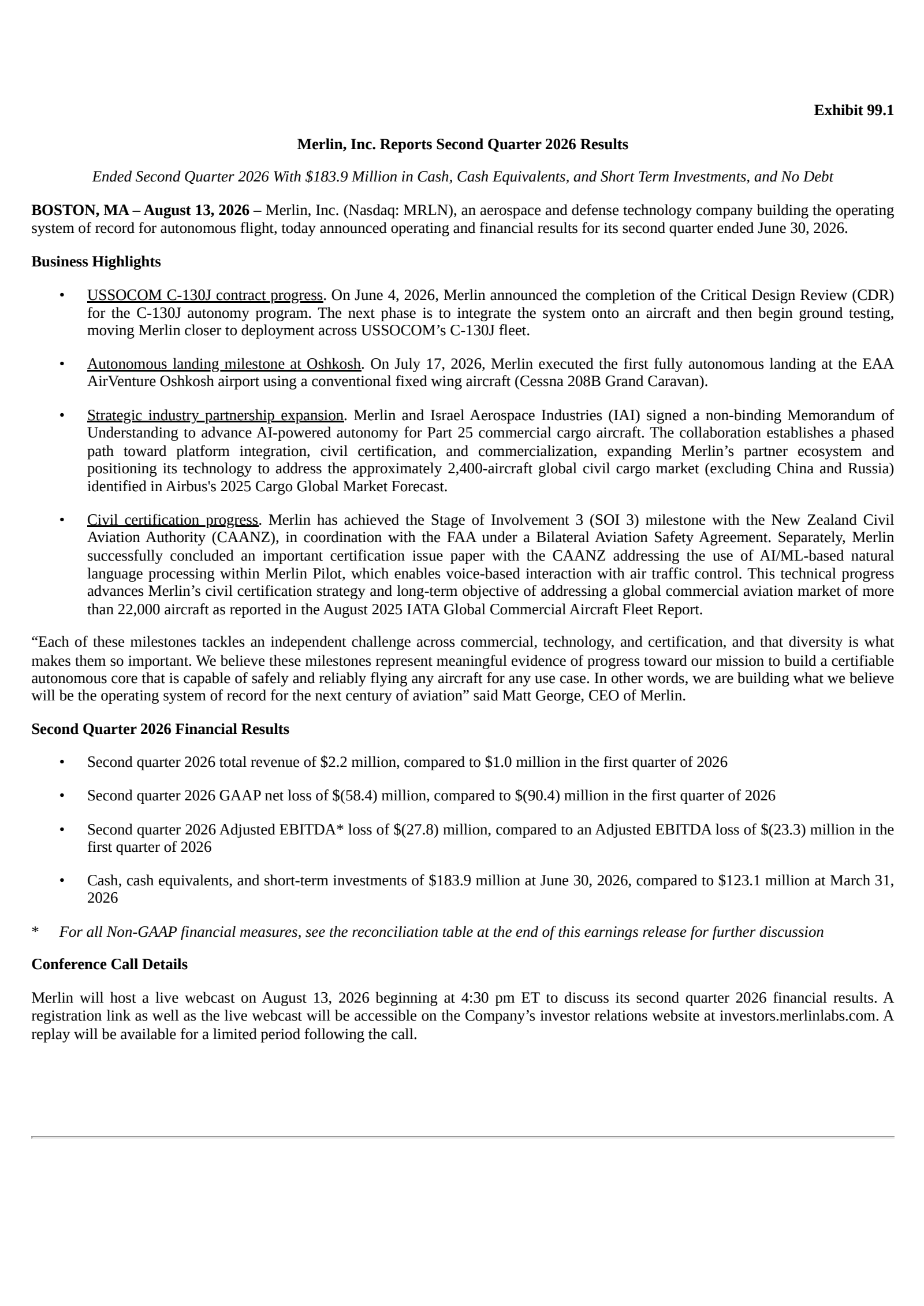 Merlin, Inc. Common Stock's Q2 2026 Press Release