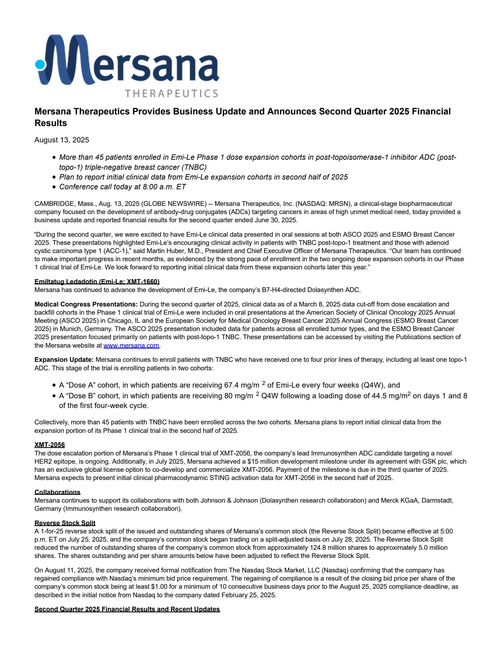Mersana Therapeutics' Q2 2025 Press Release
