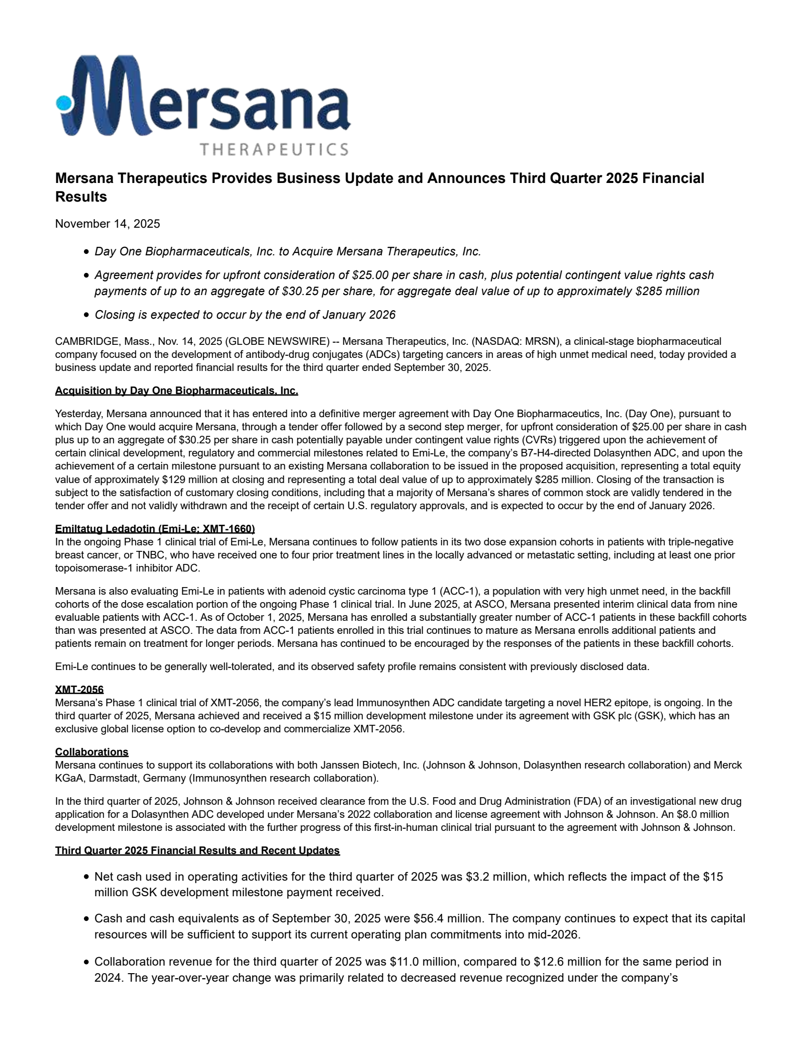 Mersana Therapeutics' Q3 2025 Earnings Release