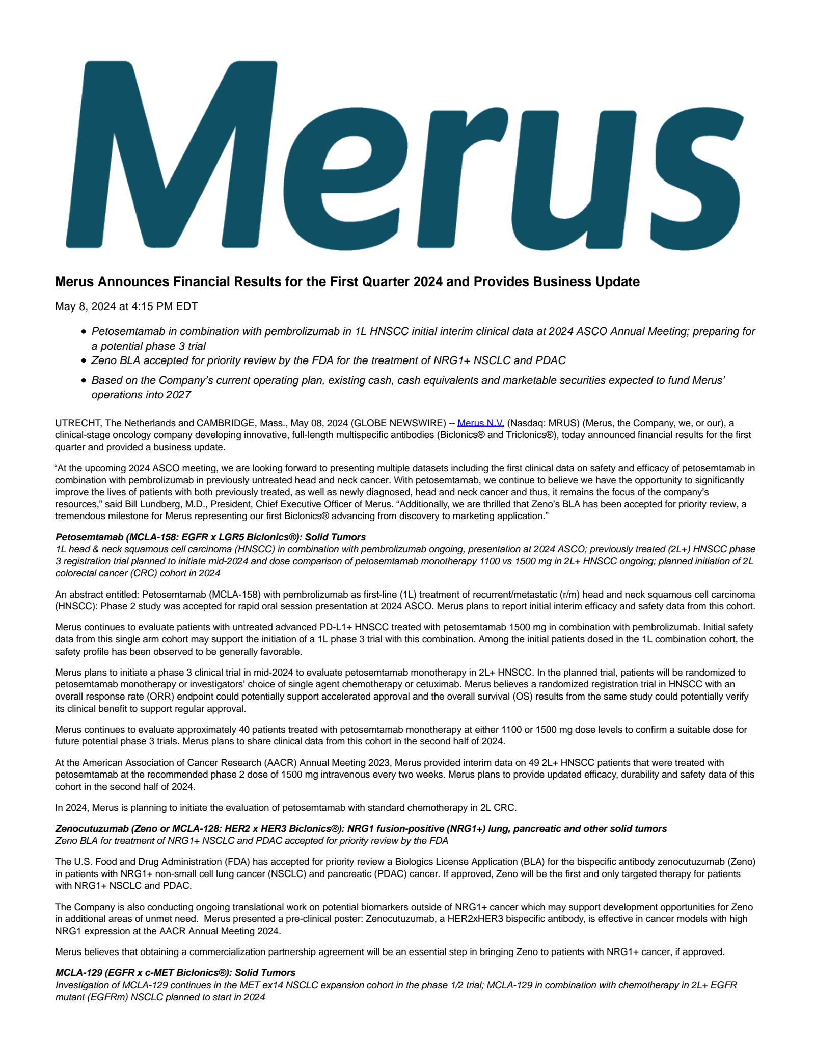 Merus' Q1 2024 Press Release
