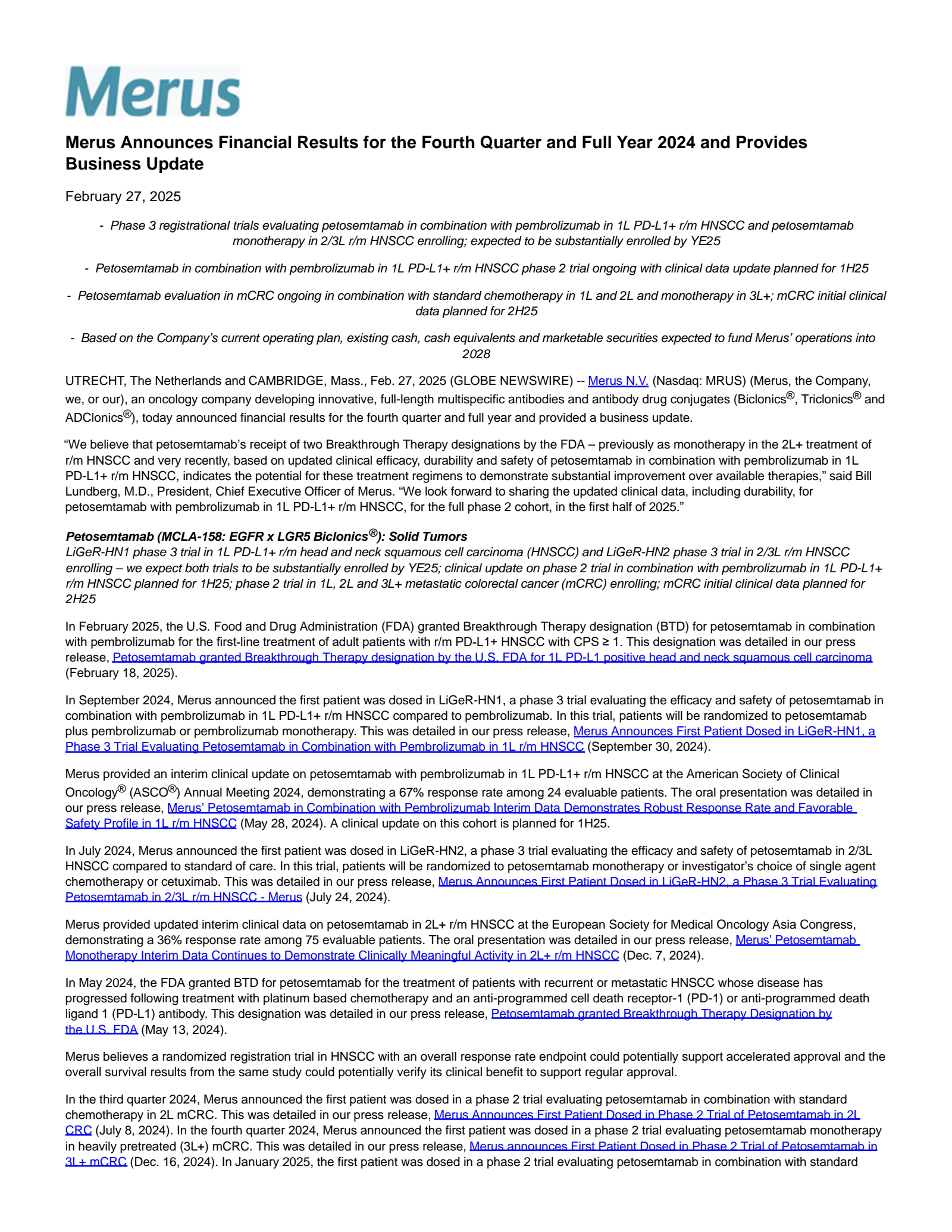 MRUS Q4 2024 Earnings Report on 2/27/2025