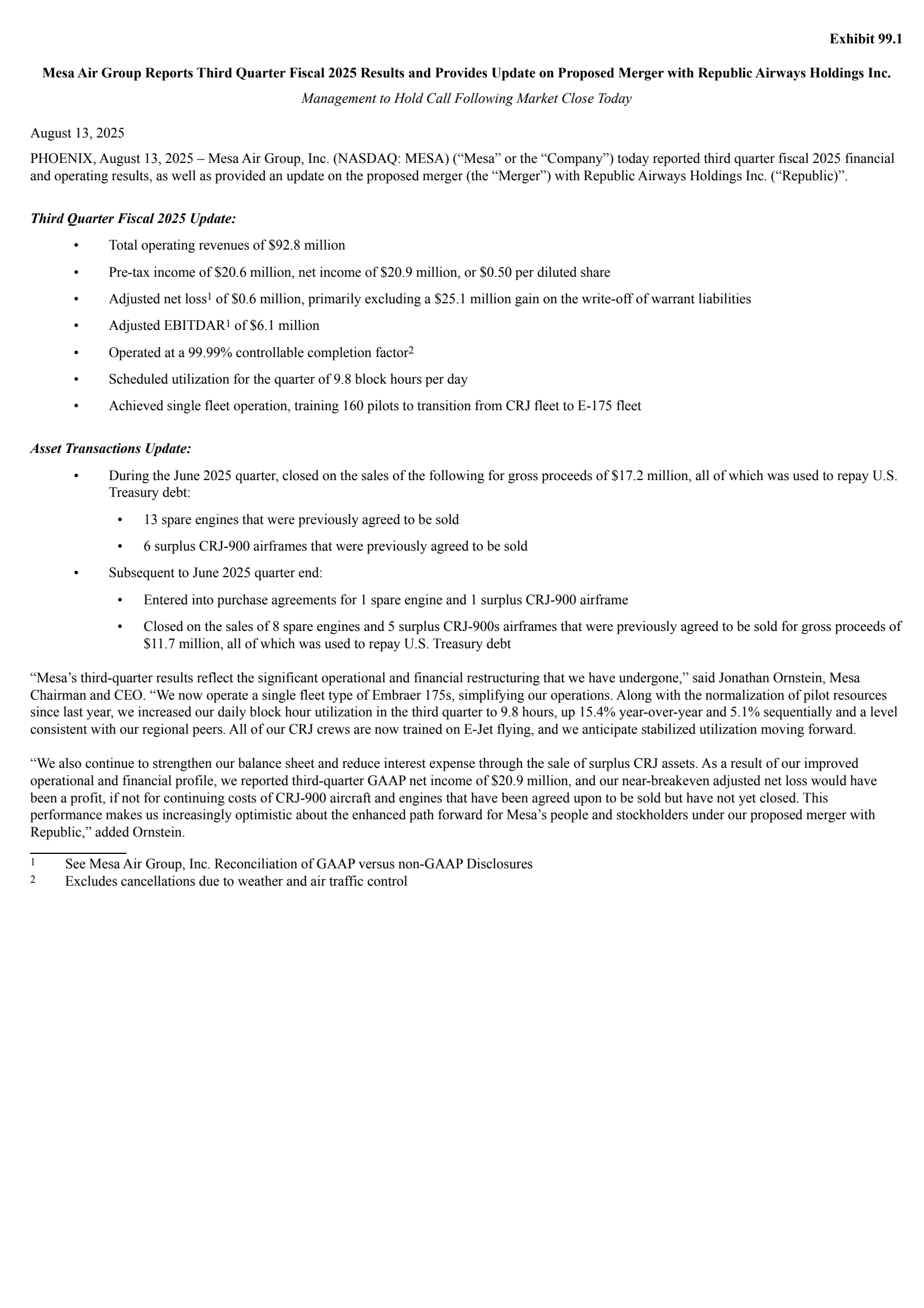 Mesa Air Group's Q3 2025 Press Release