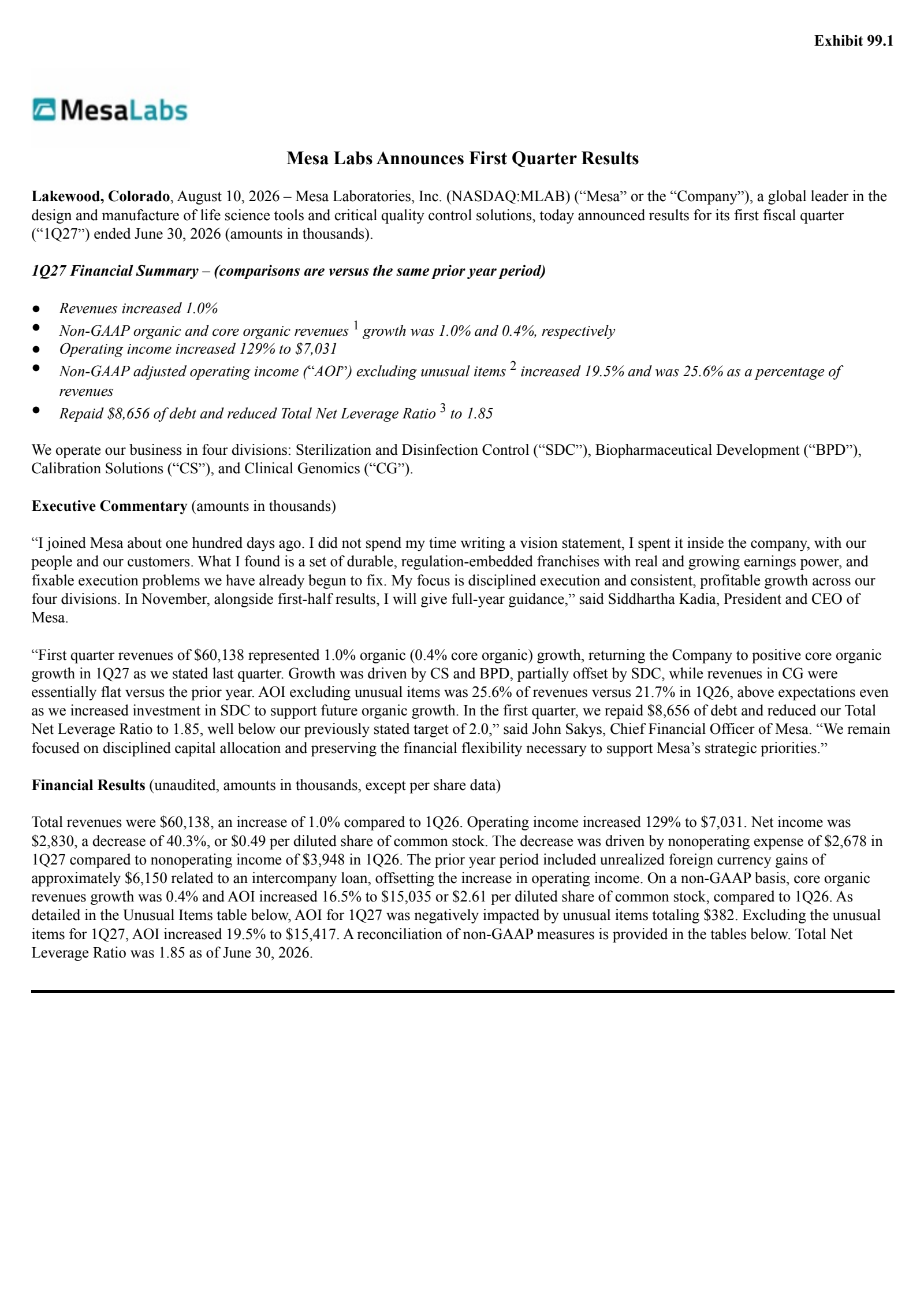 Mesa Laboratories' Q1 2027 Press Release