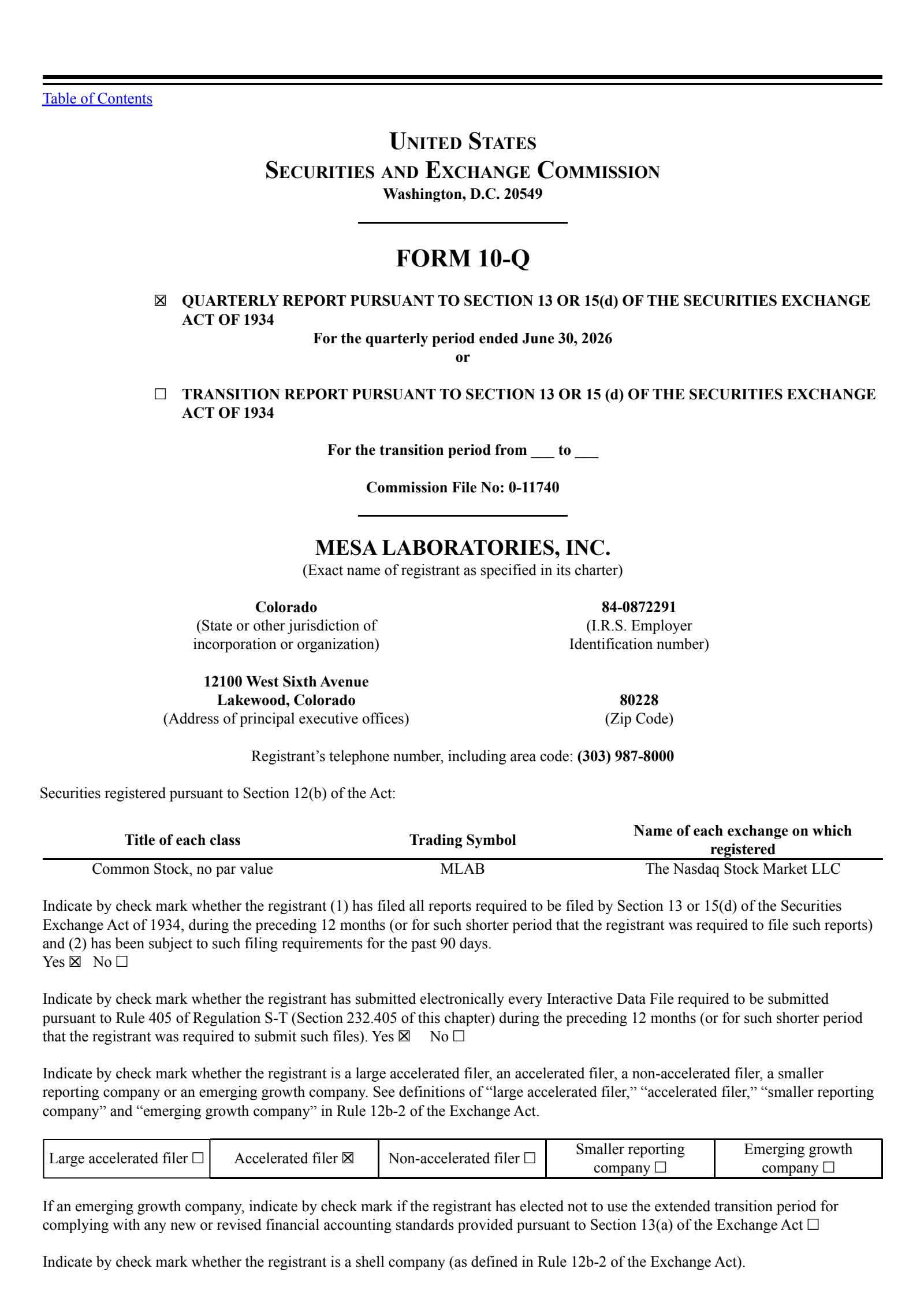 Mesa Laboratories' Q1 2027 Quarterly report