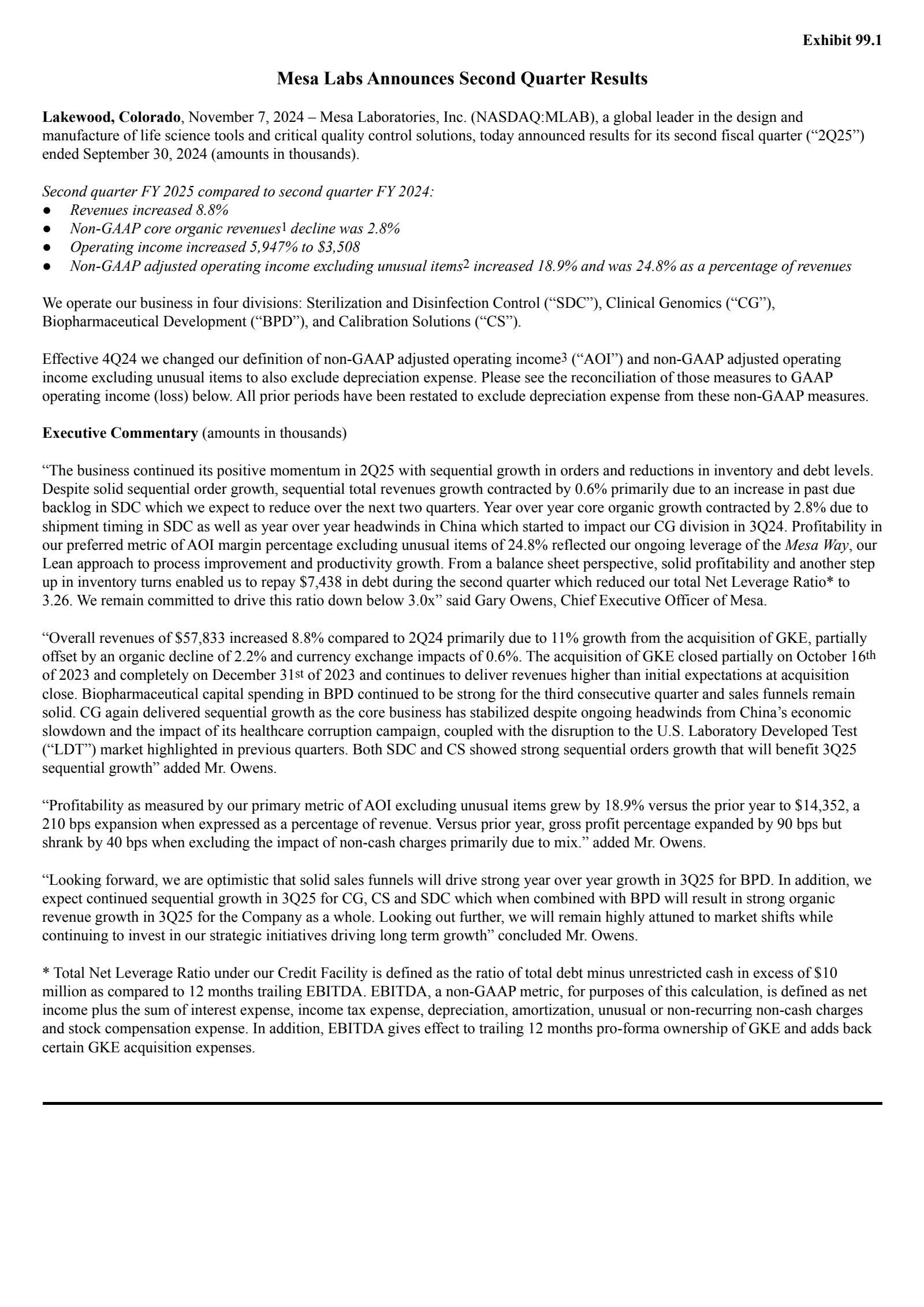 Mesa Laboratories' Q2 2025 Press Release