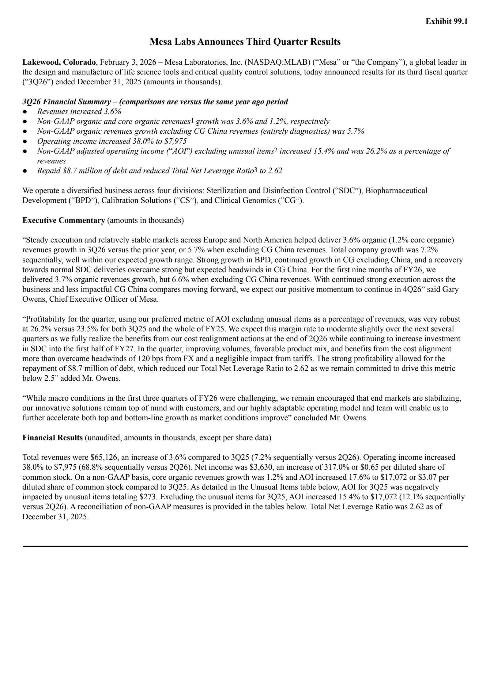 Mesa Laboratories' Q3 2026 Press Release