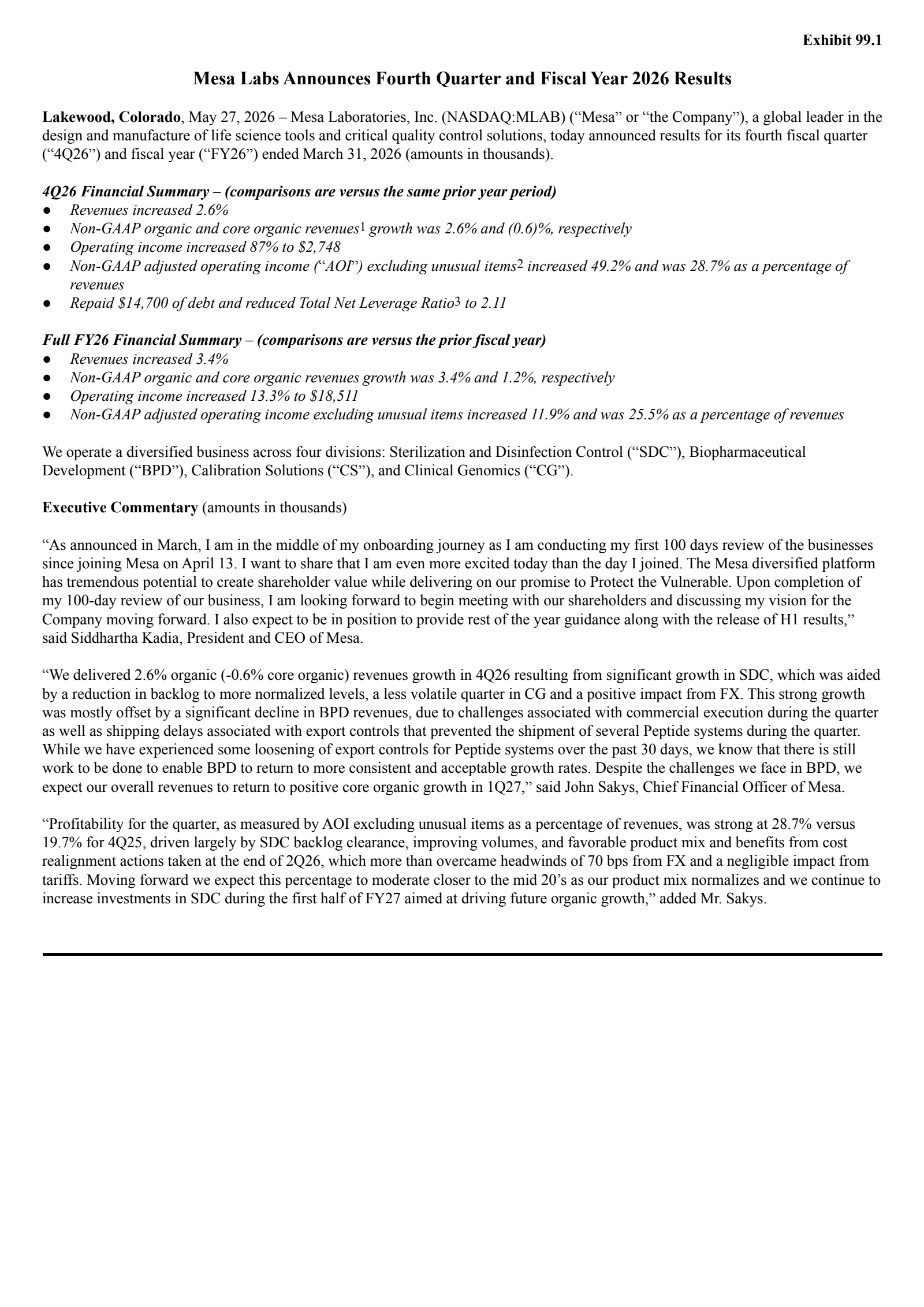 Mesa Laboratories' Q4 2026 Press Release