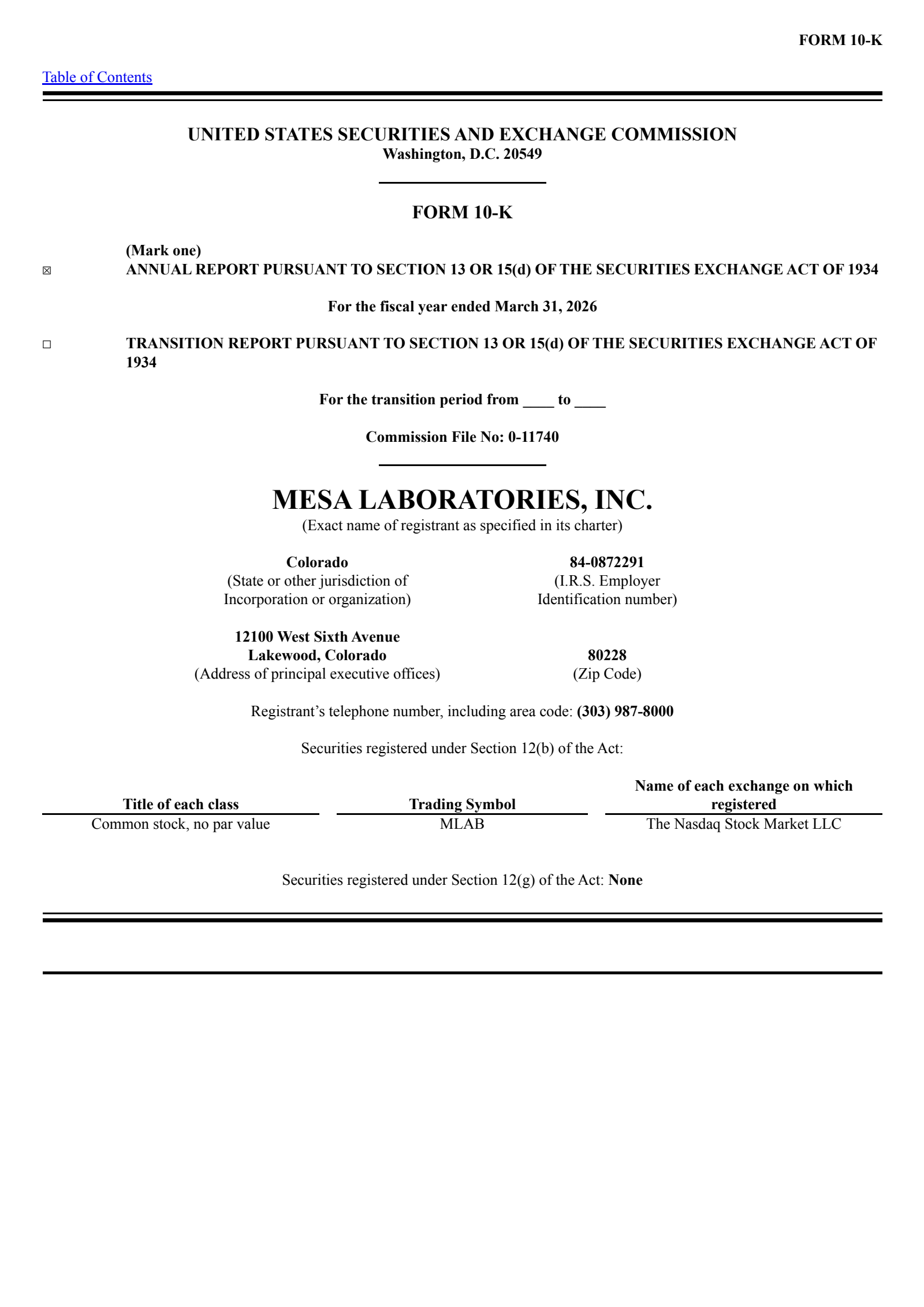 Mesa Laboratories' Q4 2026 Annual report