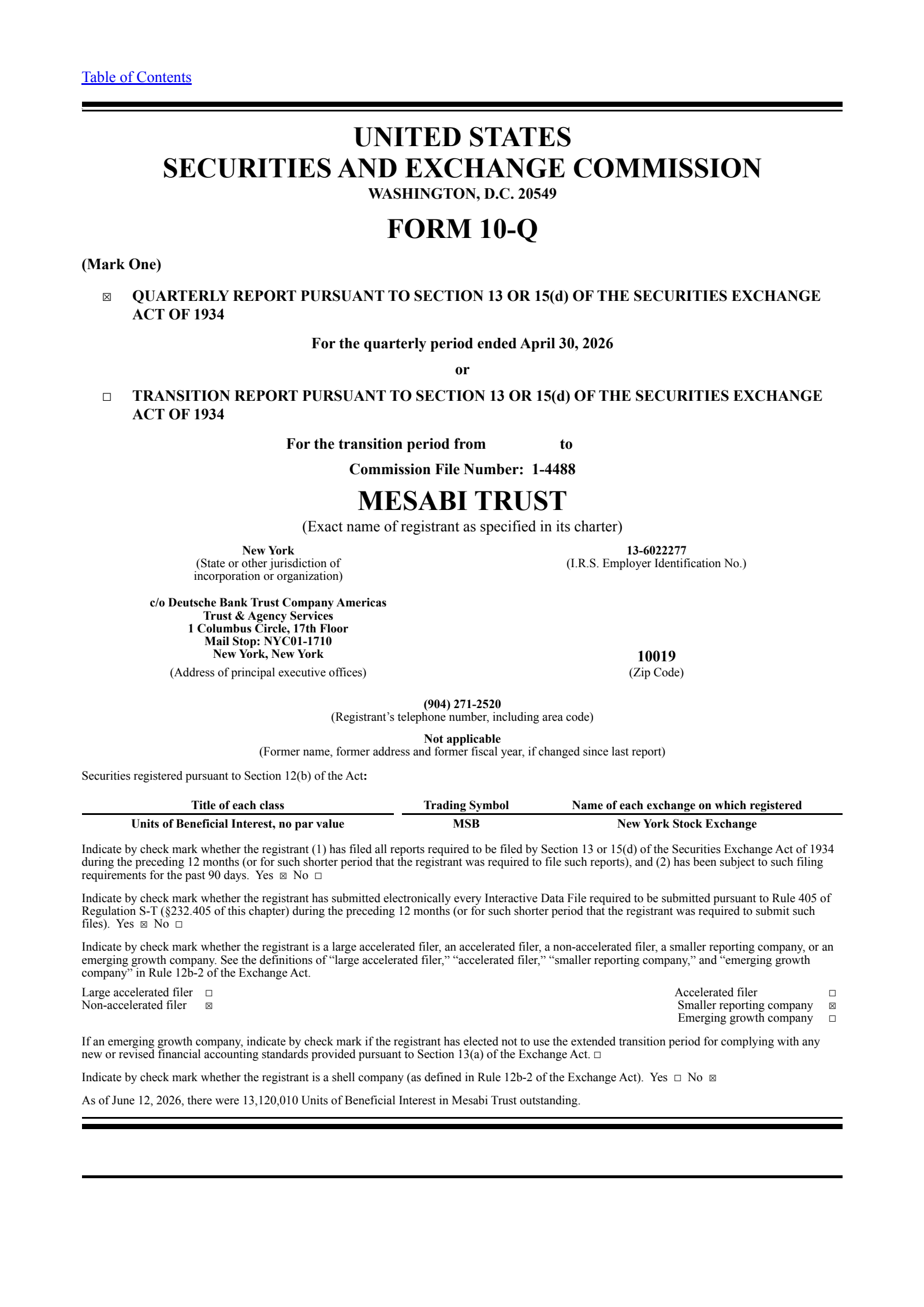 Mesabi Trust's Q1 2027 Quarterly report