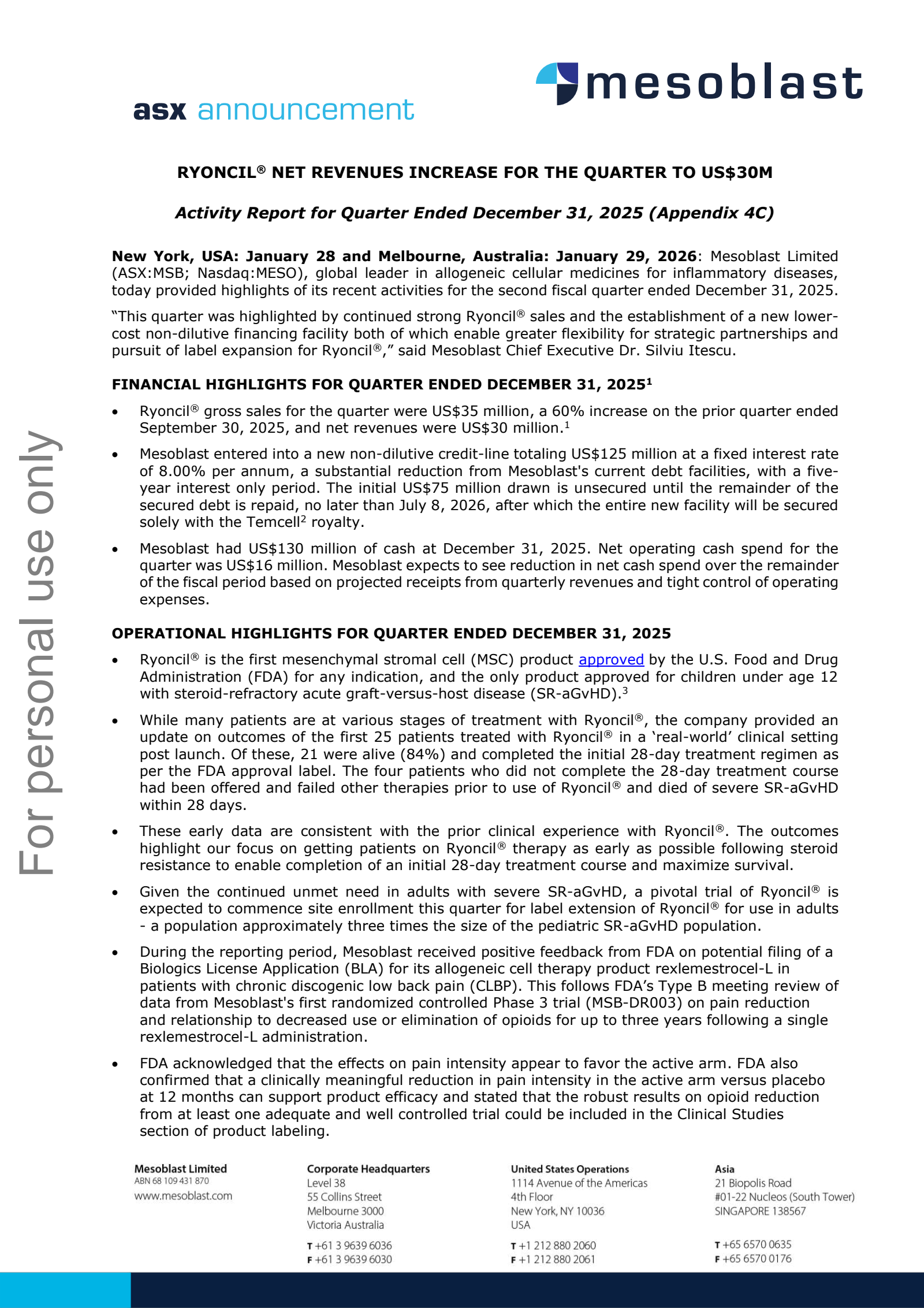 Mesoblast's Q2 2026 Press Release