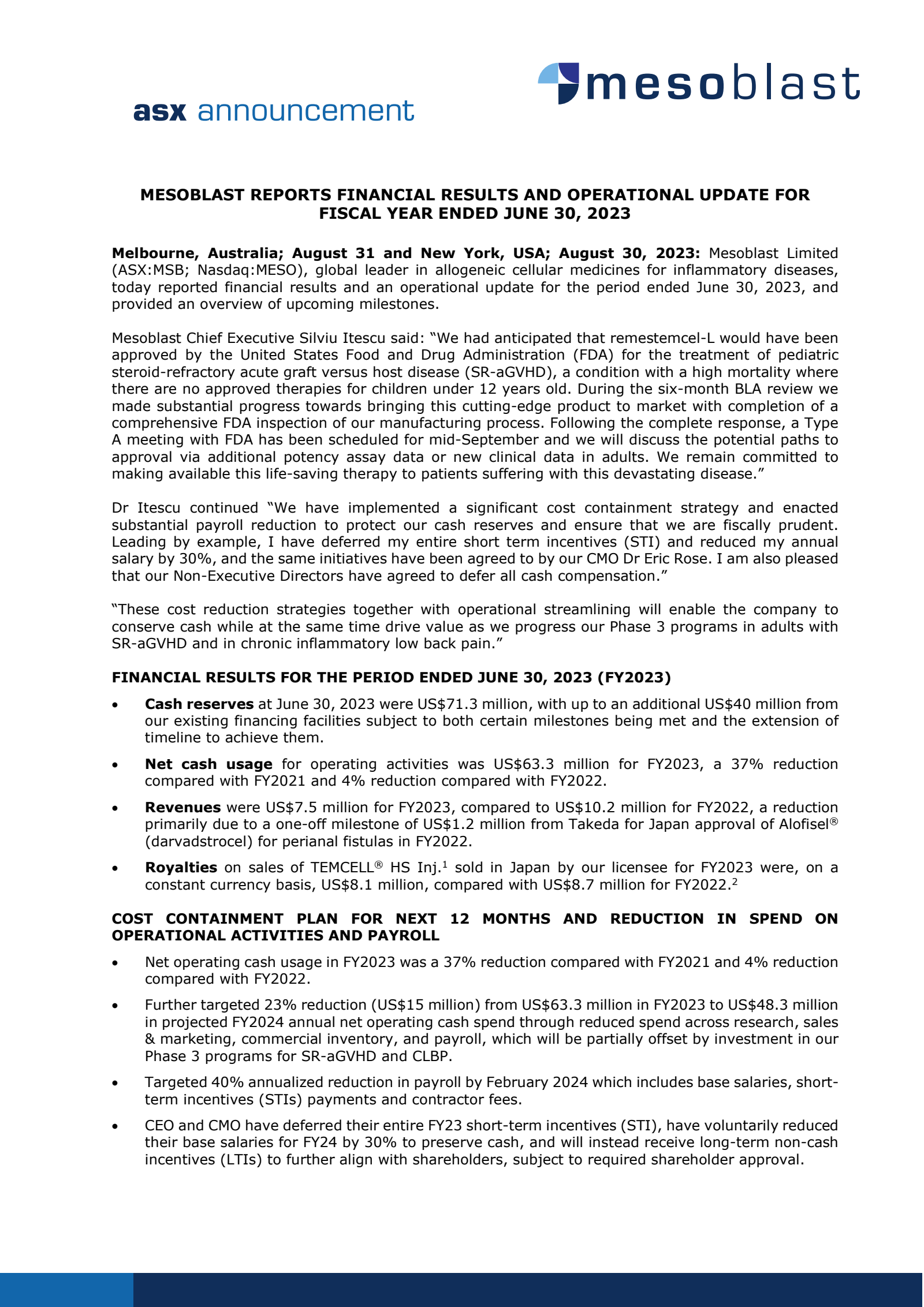 Mesoblast's Q4 2023 Press Release