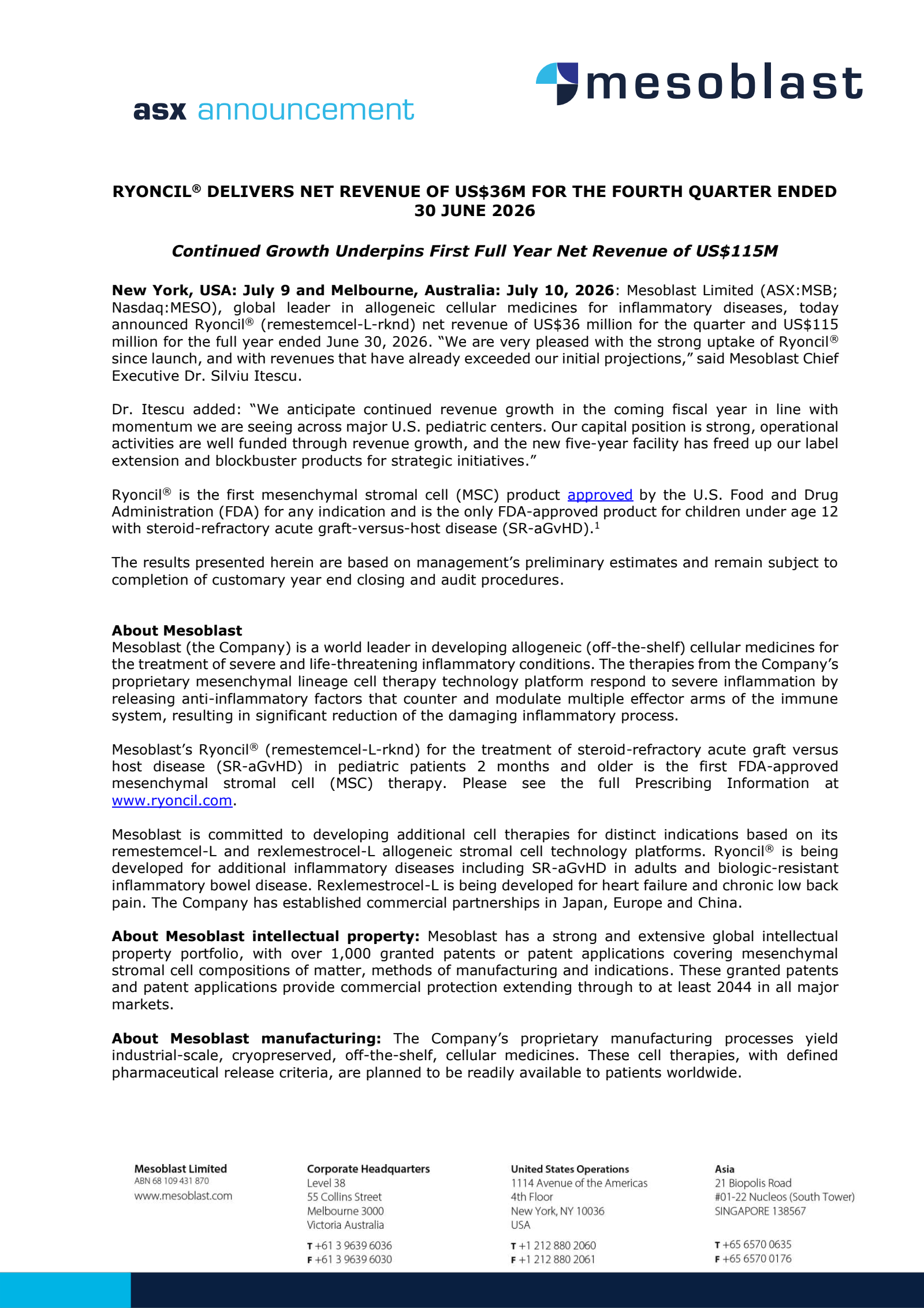 Mesoblast's Q4 2026 Press Release