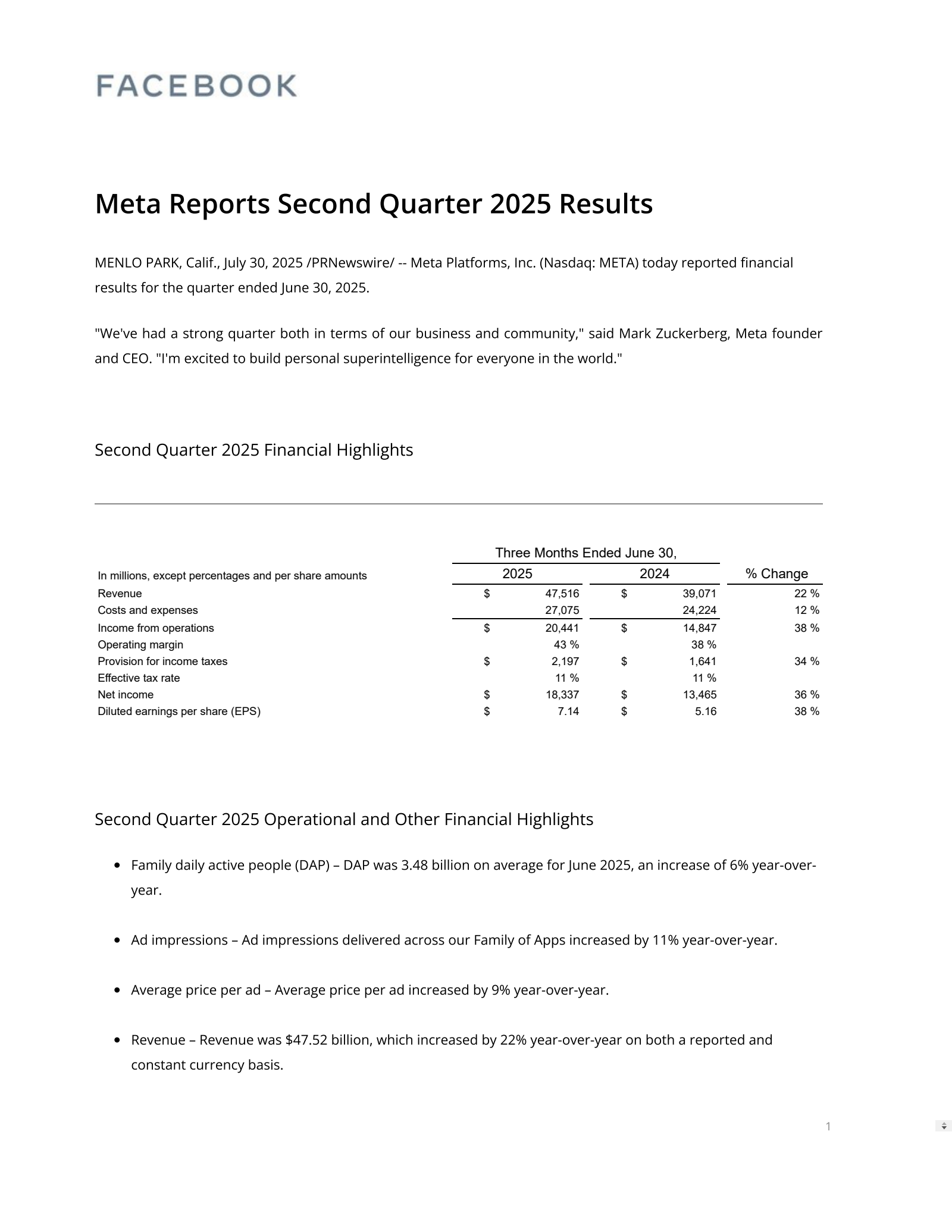 Meta Platforms' Q2 2025 Press Release