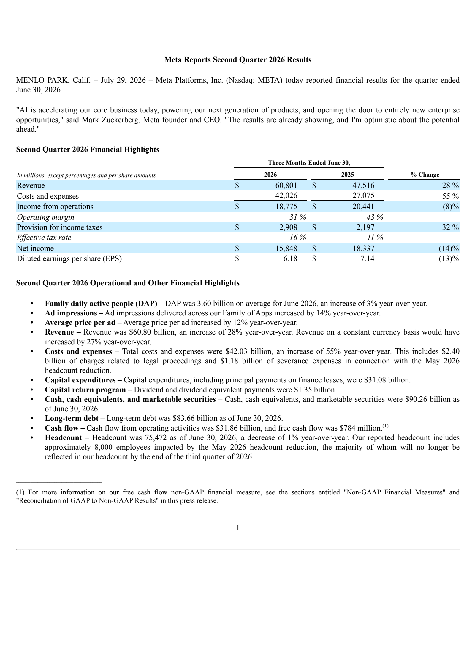 Meta Platforms' Q2 2026 Press Release