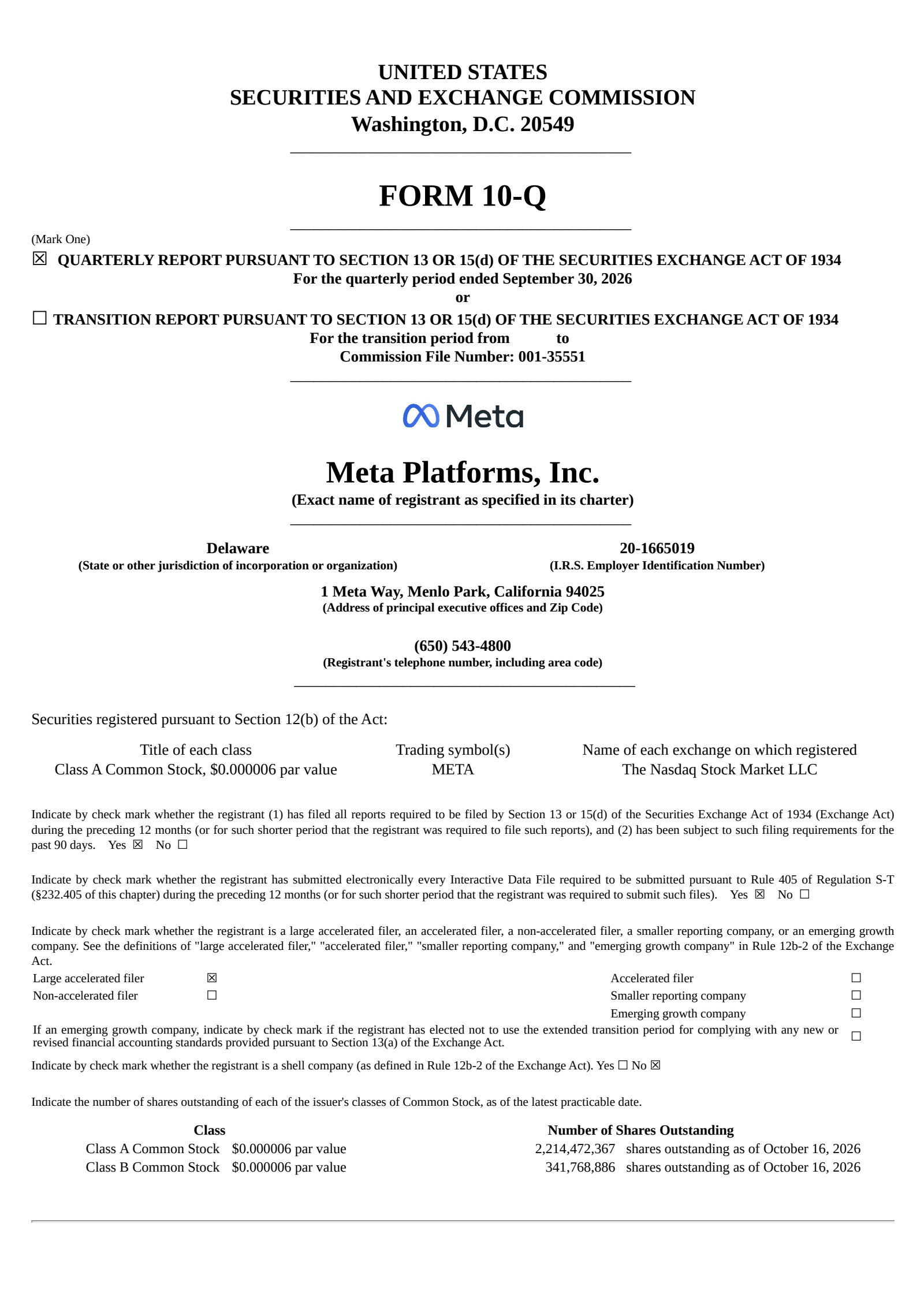 Meta Platforms' Q3 2026 Quarterly report