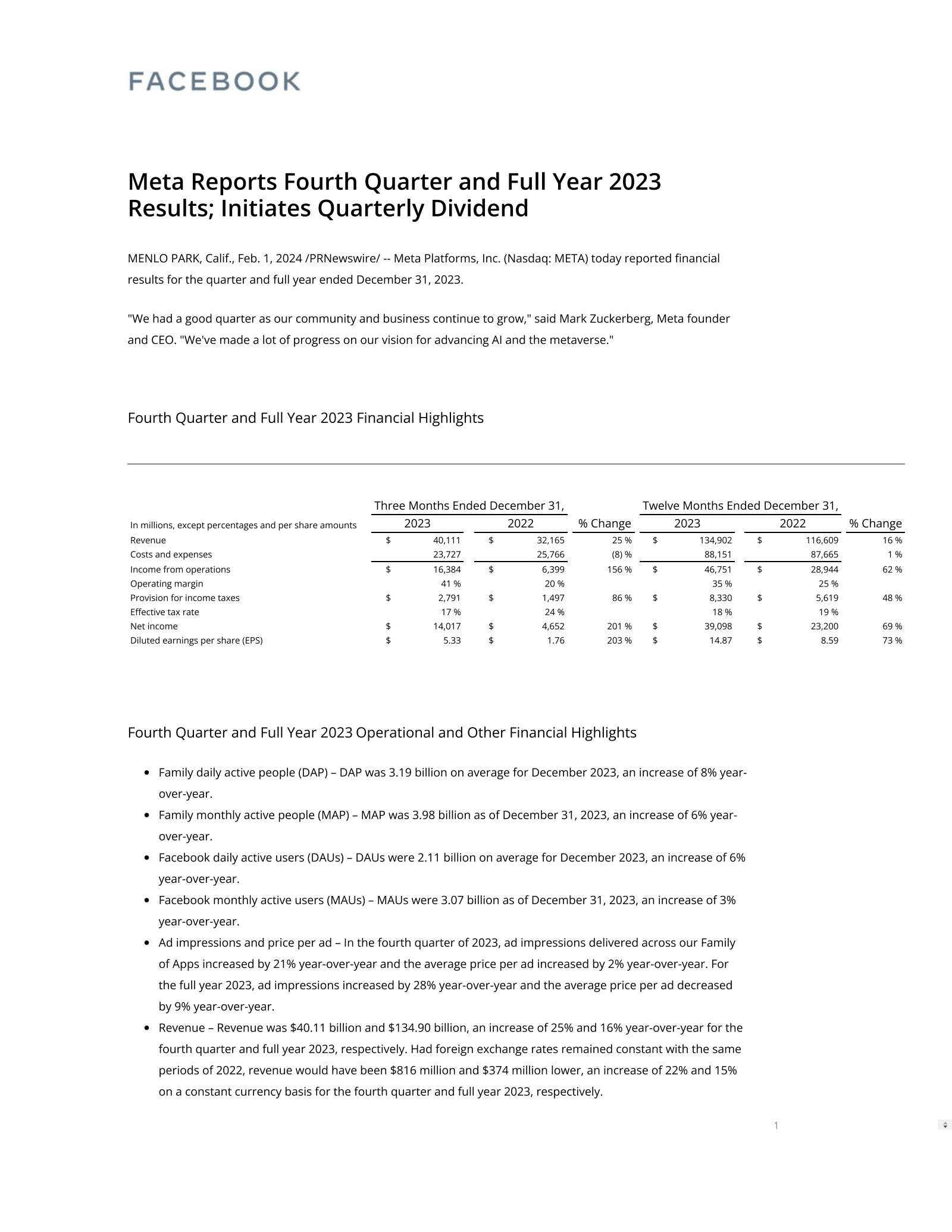Meta Platforms' Q4 2023 Press Release