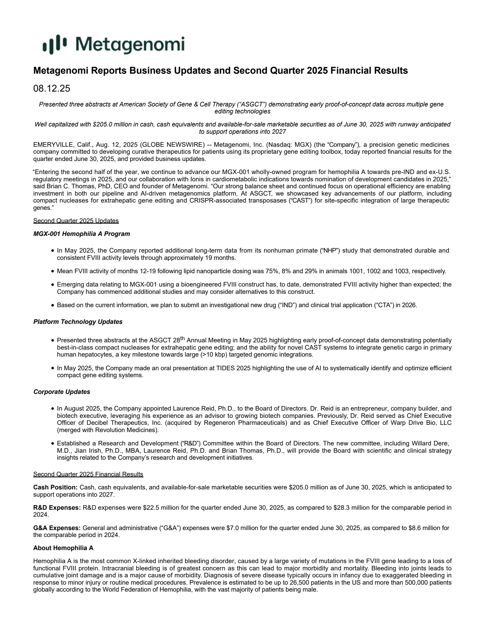 Metagenomi's Q2 2025 Press Release