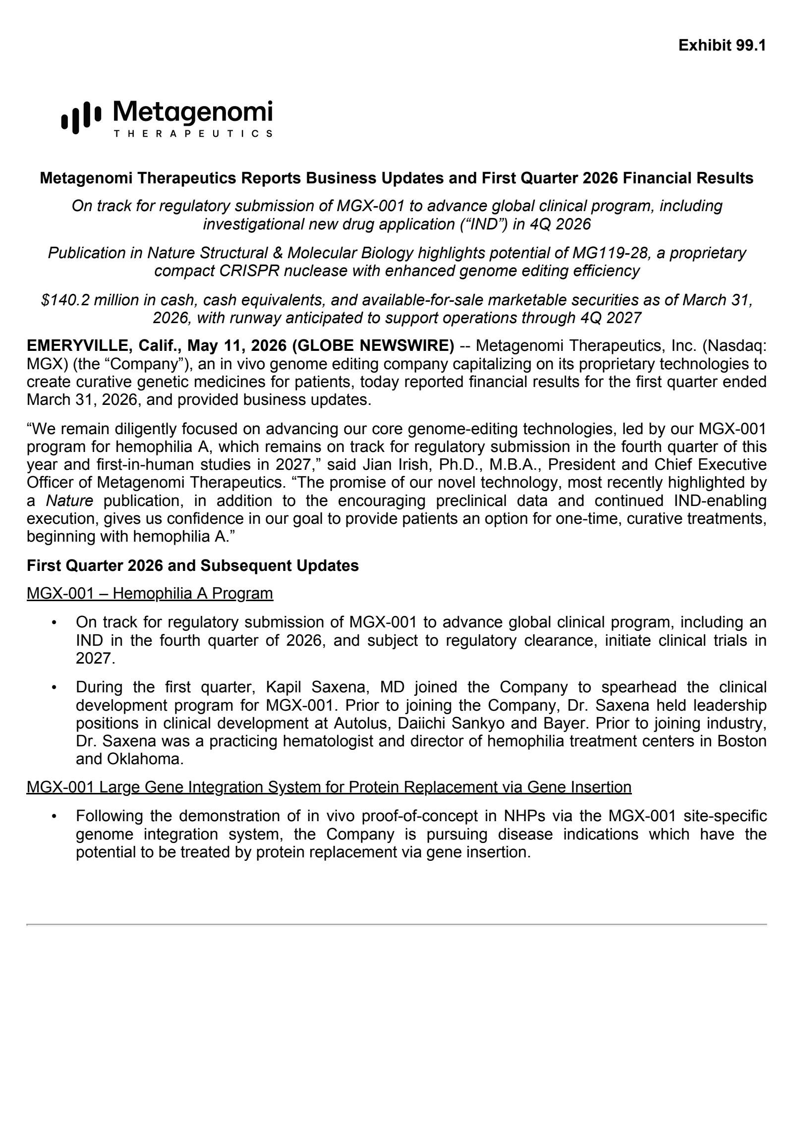 Metagenomi's Q1 2026 Press Release