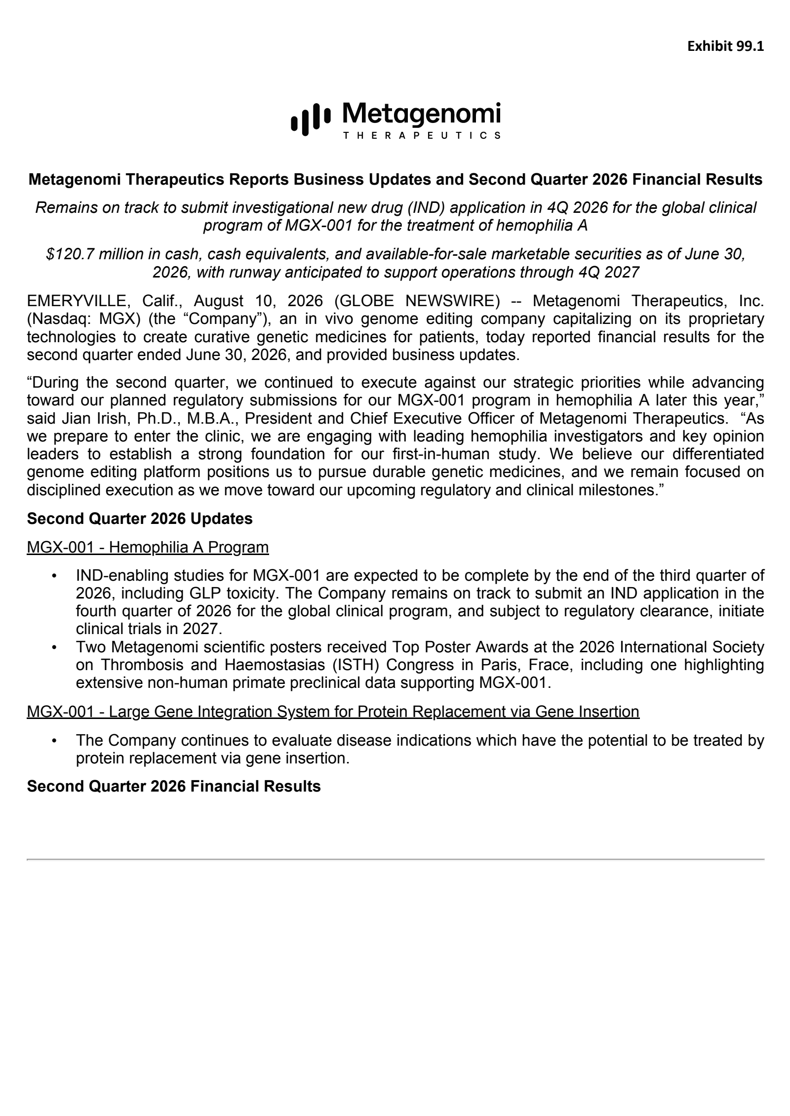 Metagenomi's Q2 2026 Press Release